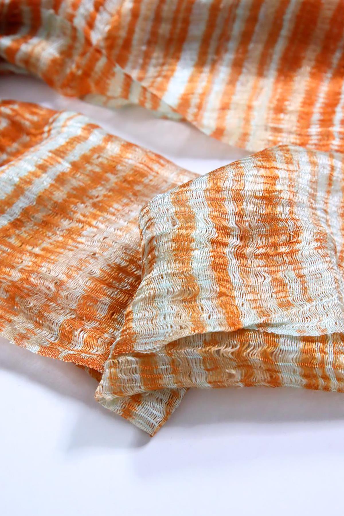 Turuncu Çizgili İpek Şal - Şaman Butik Turuncu Çizgili İpek Şal