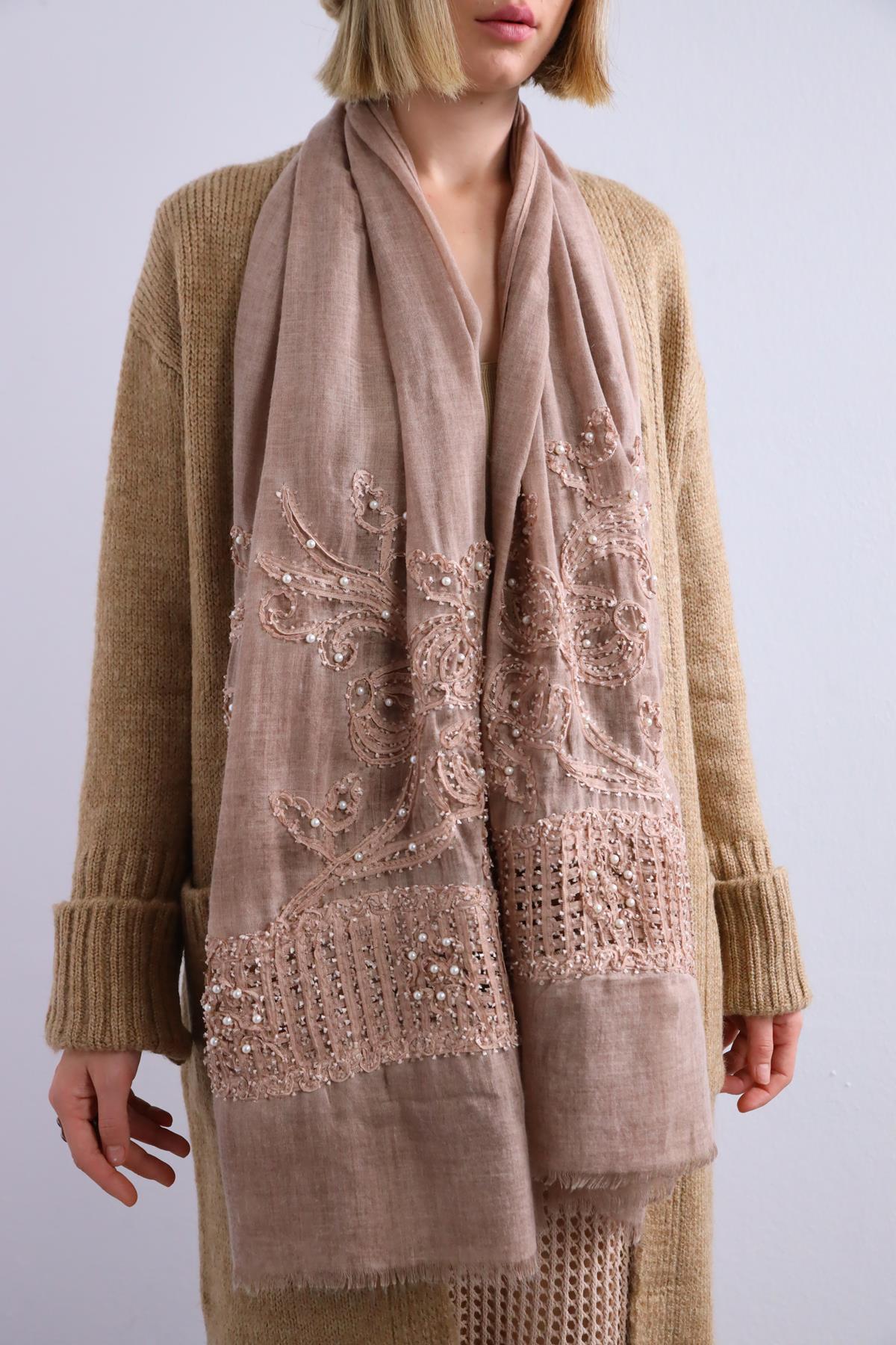 Gül Kurusu File Detay İnci İşlemeli Şal - Şaman Butik Gül Kurusu File Detay İnci İşlemeli Şal