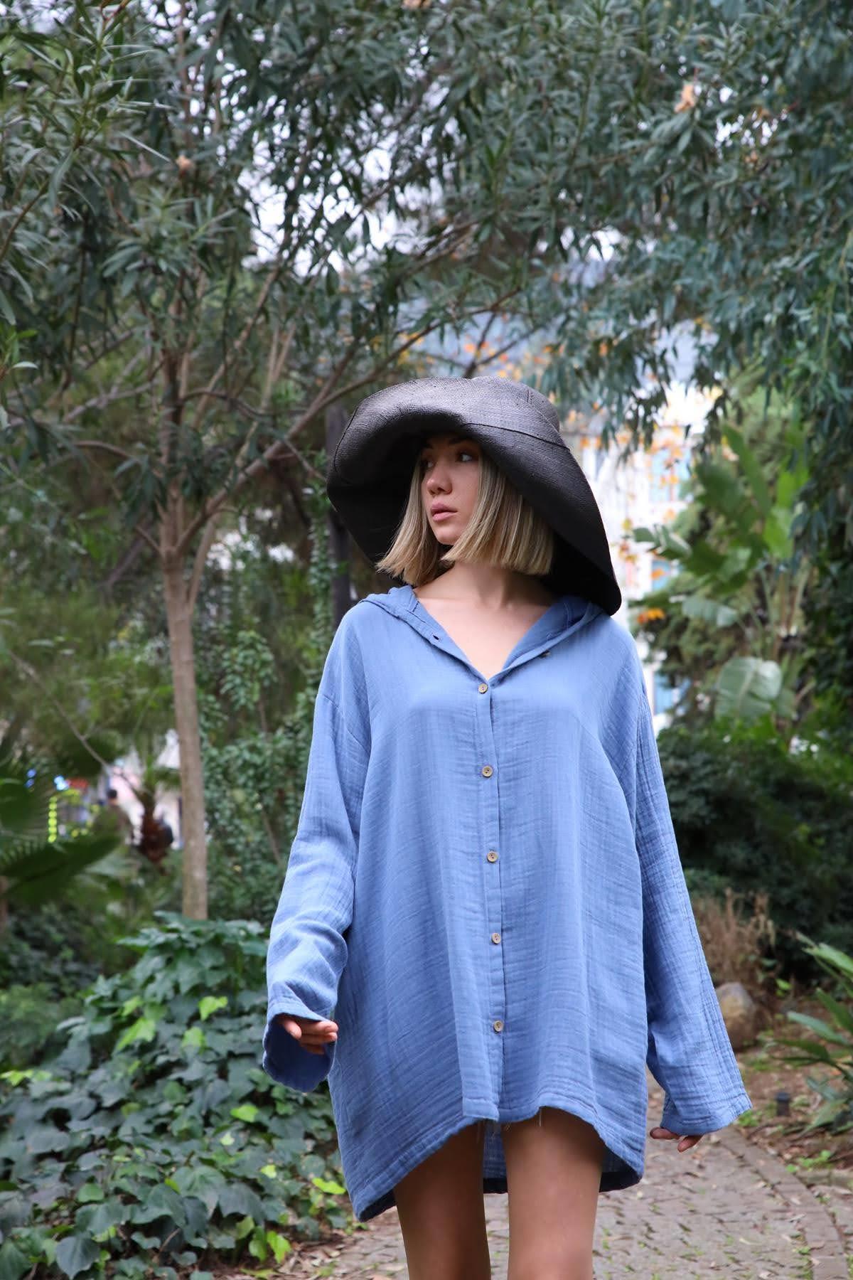İndigo Mavi Kapüşonlu Müslin Gömlek - Şaman Butik İndigo Mavi Kapüşonlu Müslin Gömlek