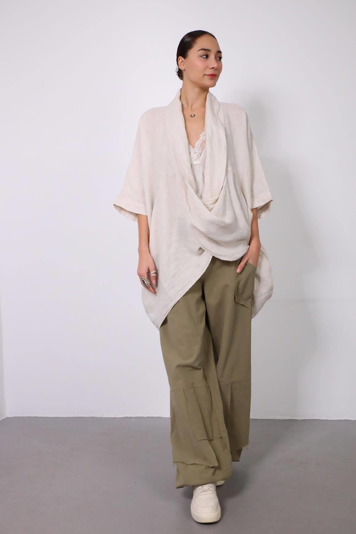 Krem Rengi Keten Şal Yaka Judith Tunik - Şaman Butik Krem Rengi Keten Şal Yaka Judith Tunik