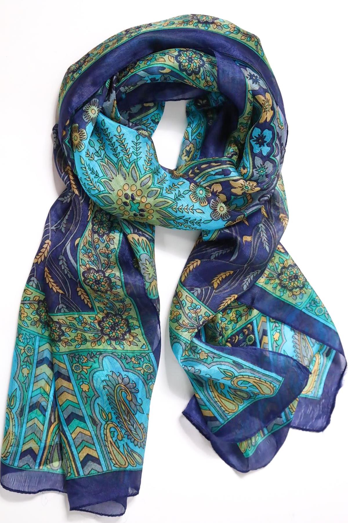 Lacivert Desenli İpek Şal - Şaman Butik Lacivert Desenli İpek Şal