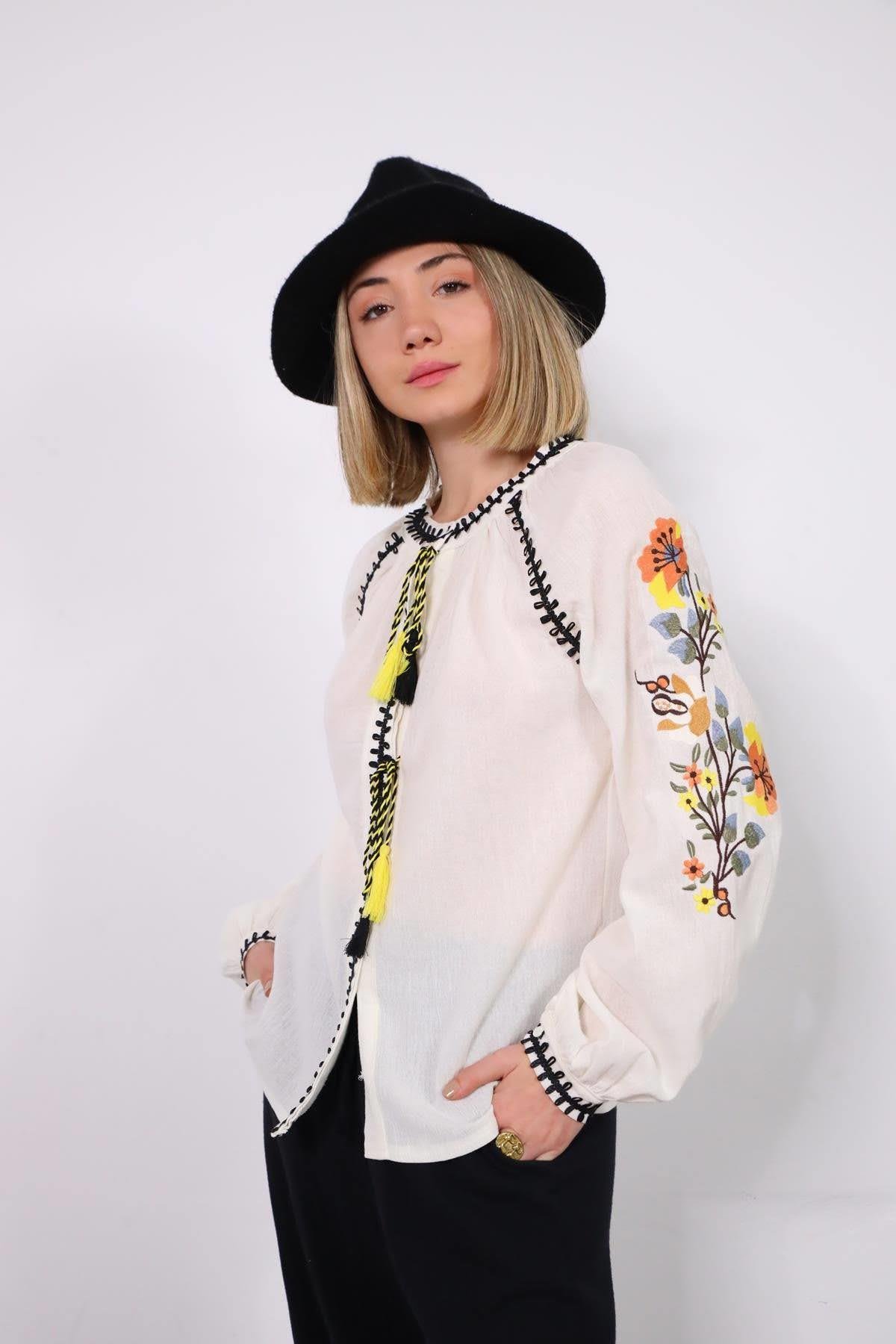 White Double Pompom Embroidered Sleeve Shirt - Saman Butik | Shop Online White Double Pompom Embroidered Sleeve Shirt