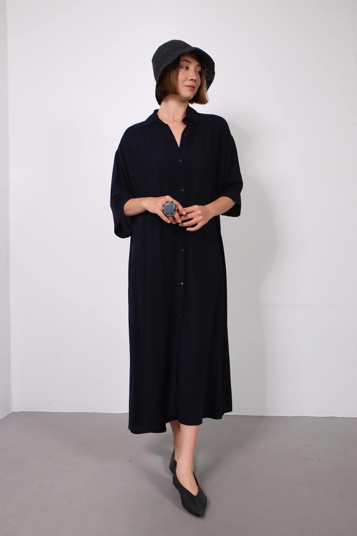  Lacivert Uzun Gömlek Elbise