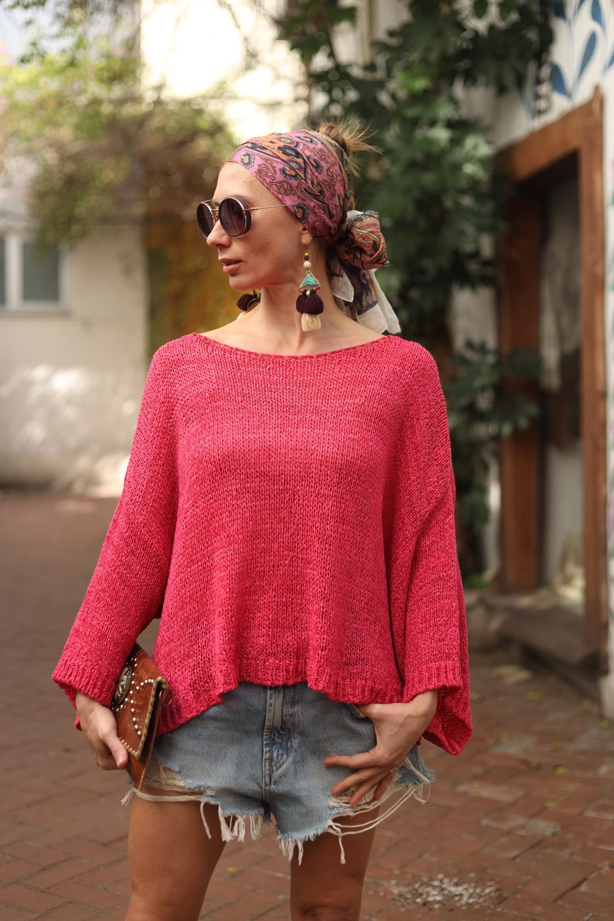 Fuşya Geniş Yaka Salaş Merserize Bluz