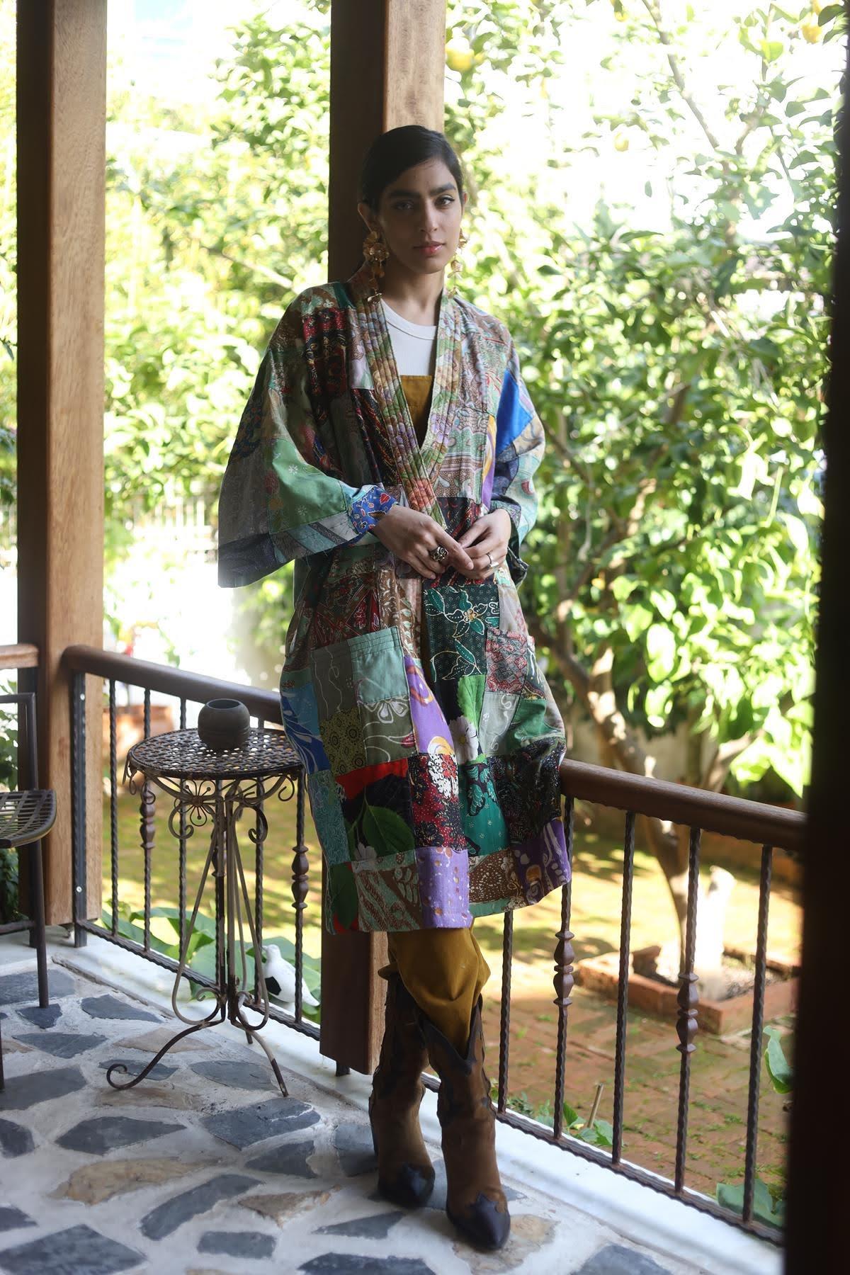 Mint Yeşili Tasarım Patchwork Kaftan