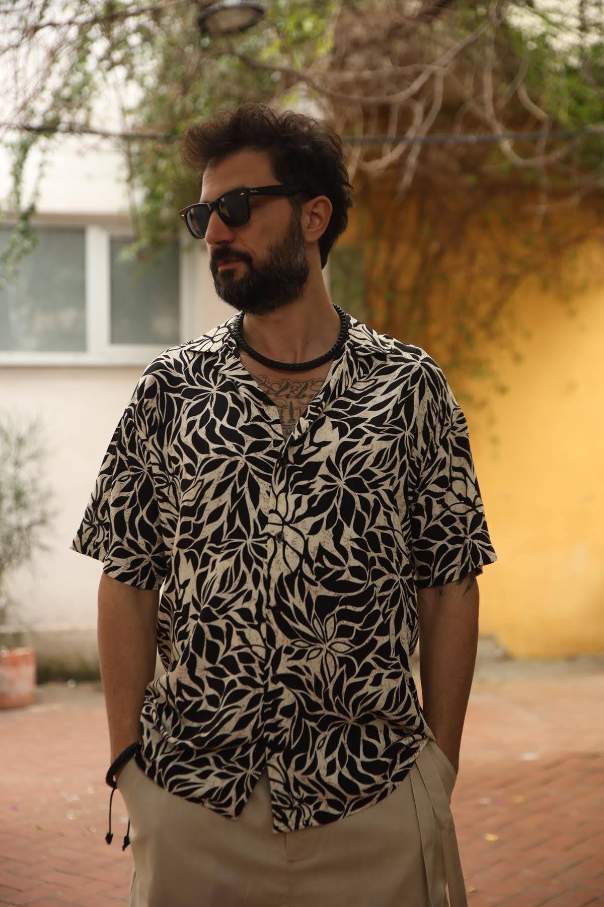 Black Patterned Short Sleeve Men's Shirt