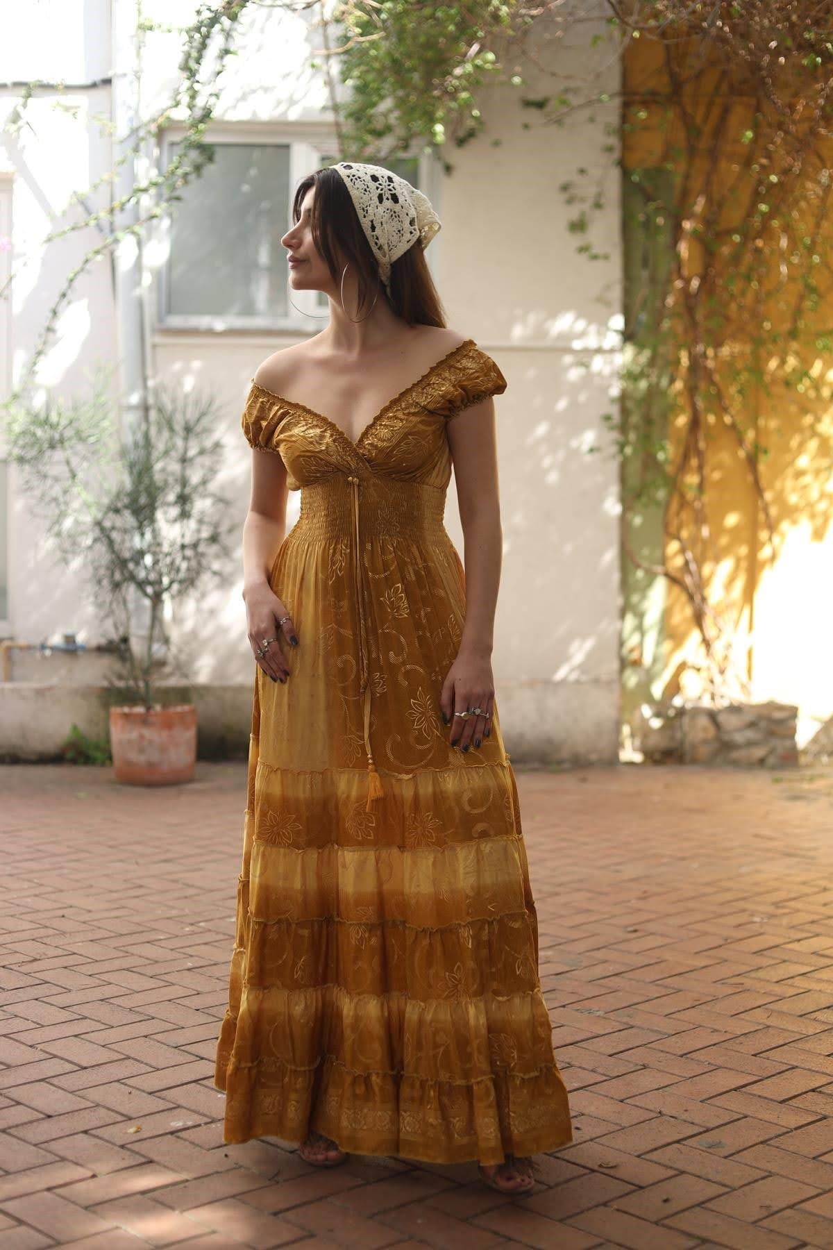 Hardal Rengi Karpuz Kol Püsküllü Gipeli İpek Elbise