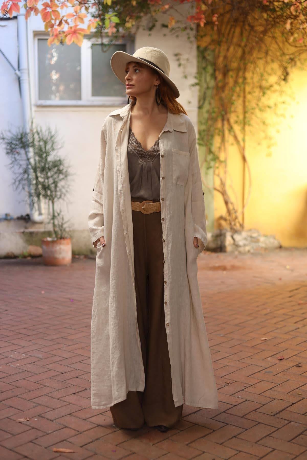 Krem Rengi Tek Cepli Keten Gömlek Elbise