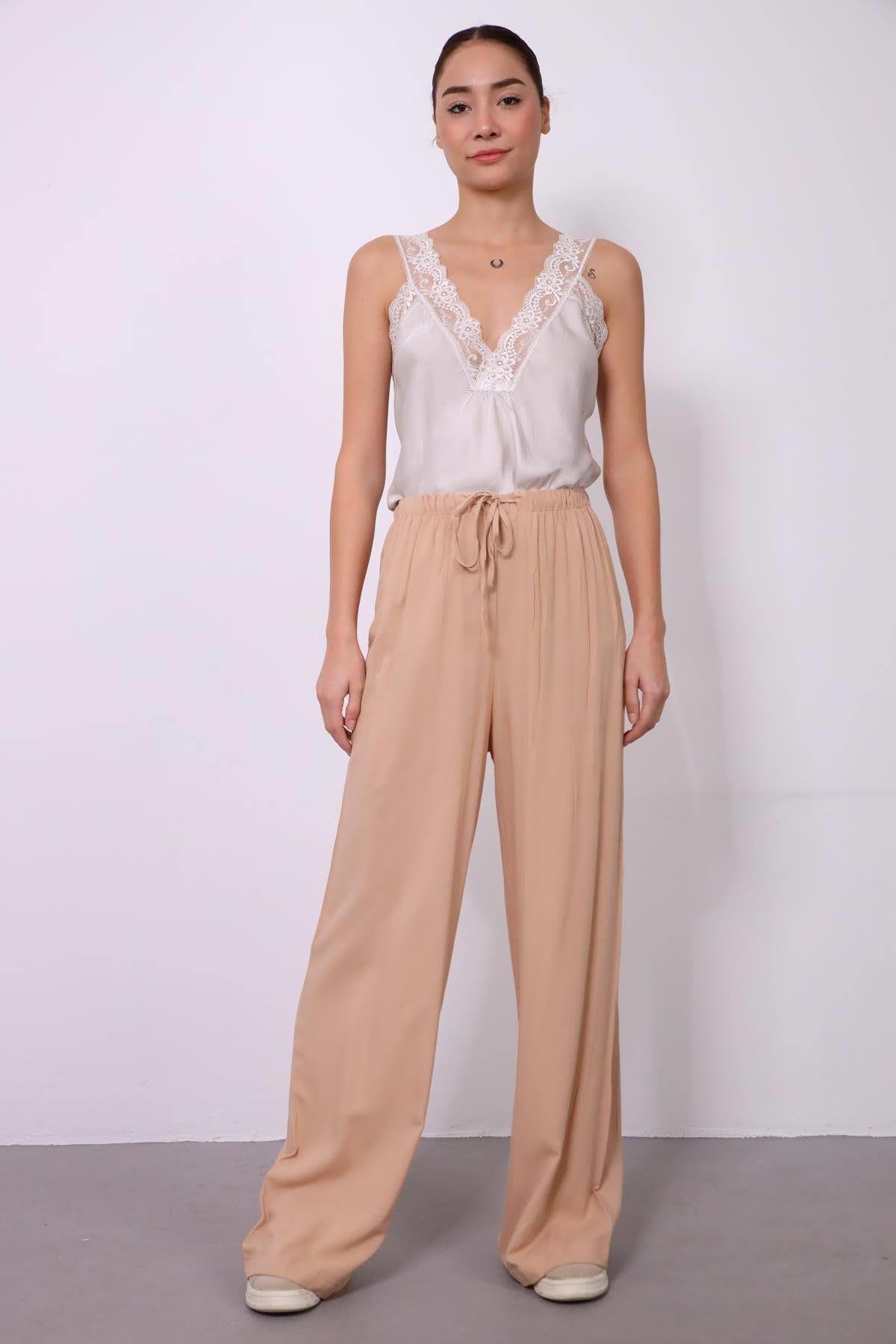 Saman Butik | Shop Online Beige Wide Leg Trouser with Ropes
