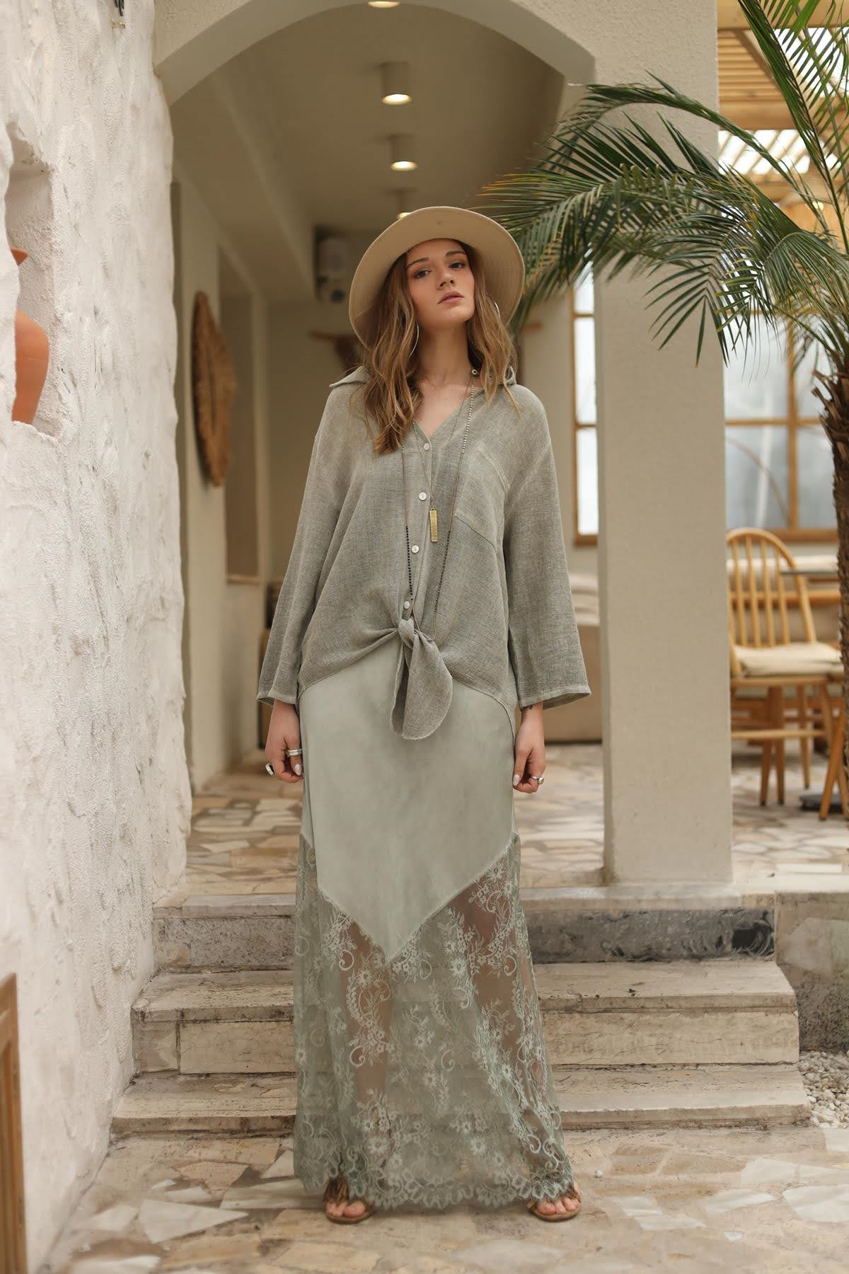 Haki Önü Bağlamalı Cepli Keten Gömlek