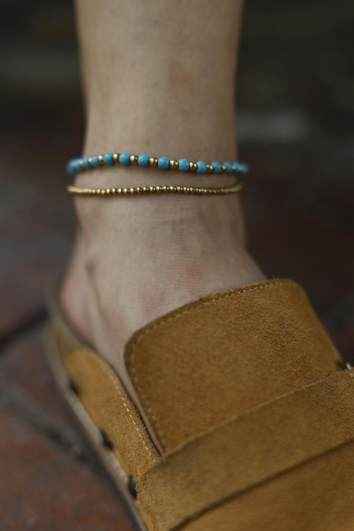 Bronz Tasarım Çift Sıralı Turkuaz Taşlı Halhal