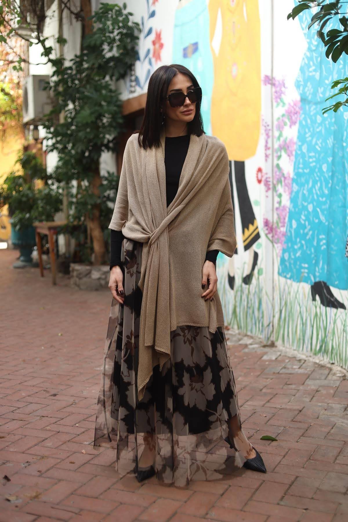 Vizon Rengi Kemerli Triko Panço Şal