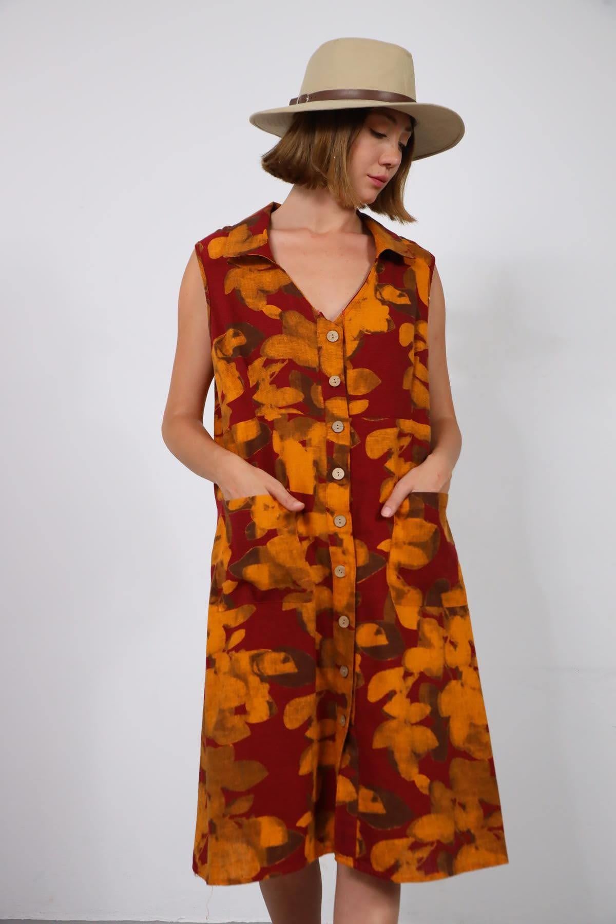  Bordo Desenli V Yaka Cepli Keten Gömlek Elbise