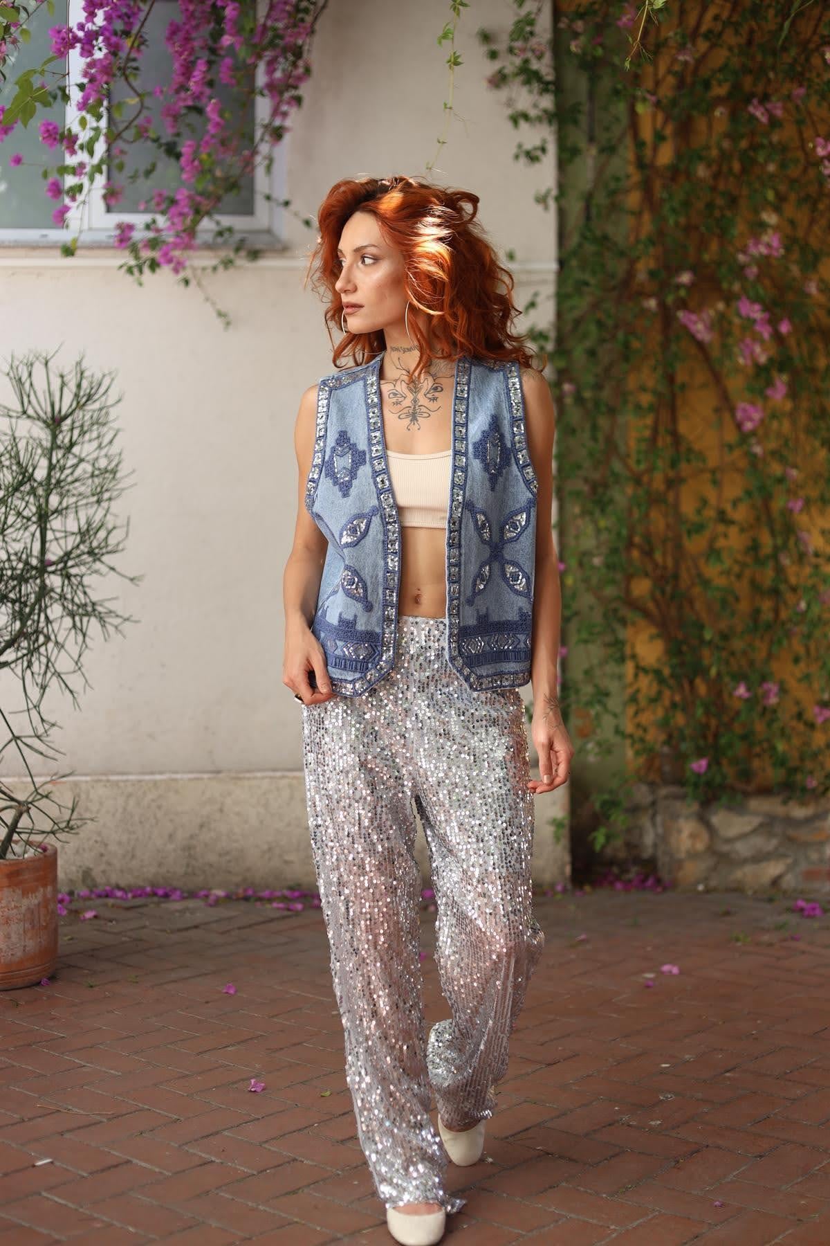 Gri Payetli Pantolon