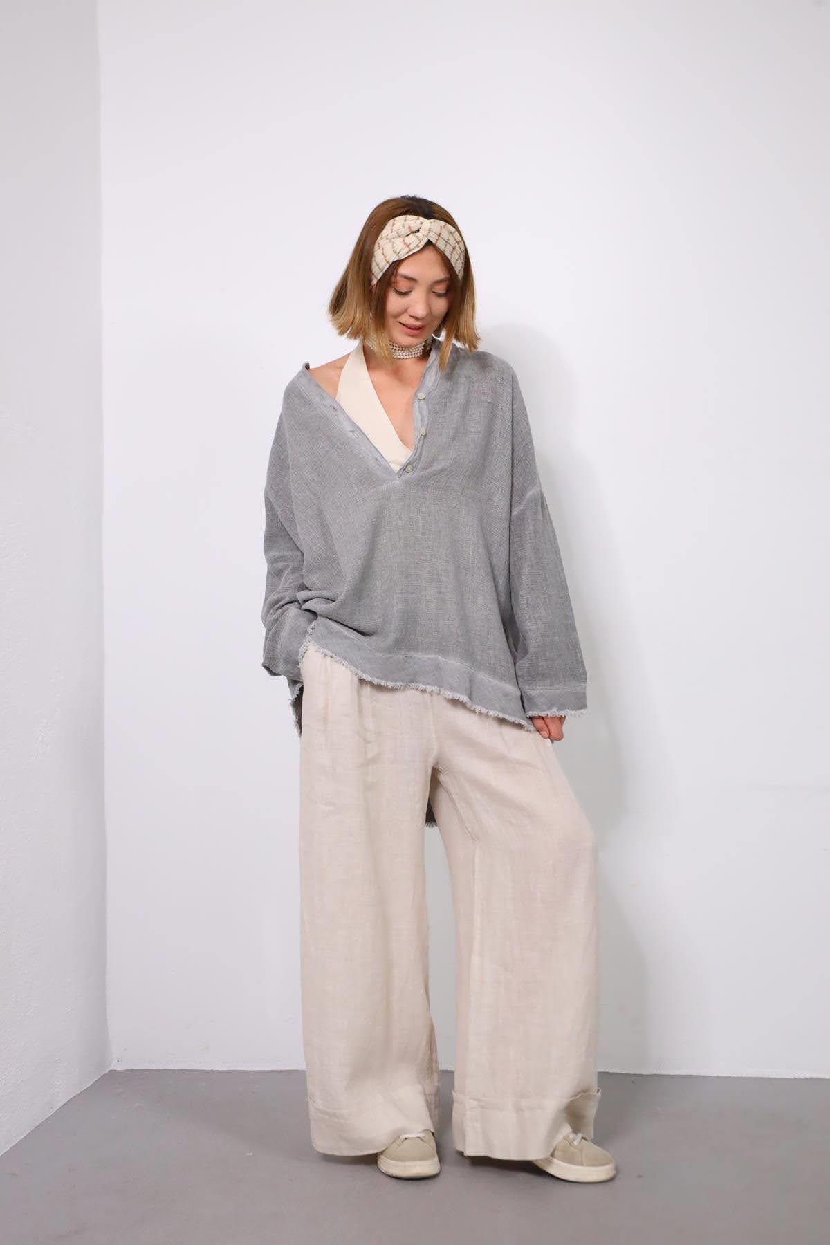 Gri Püsküllü Keten Detaylı Hakim Yaka Tunik - Şaman Butik Gri Püsküllü Keten Detaylı Hakim Yaka Tunik