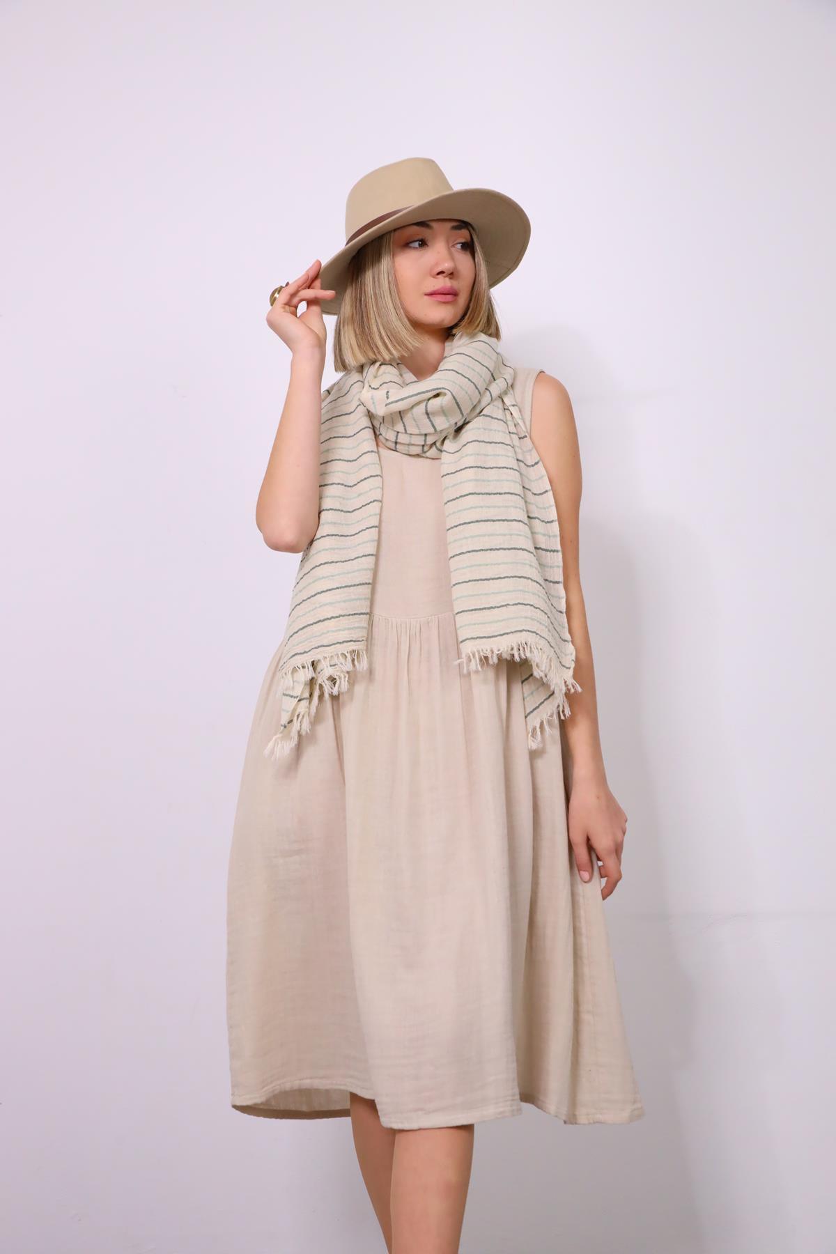 Su Yeşili ve Haki Çizgili Keten Diba Şal Su Yeşili ve Haki Çizgili Keten Diba Şal