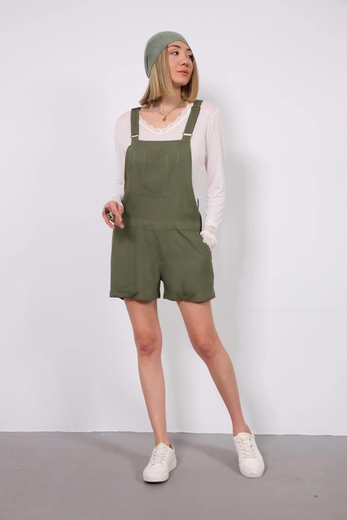 Haki Kanguru Cepli Kısa Salopet - Şaman Butik Haki Kanguru Cepli Kısa Salopet