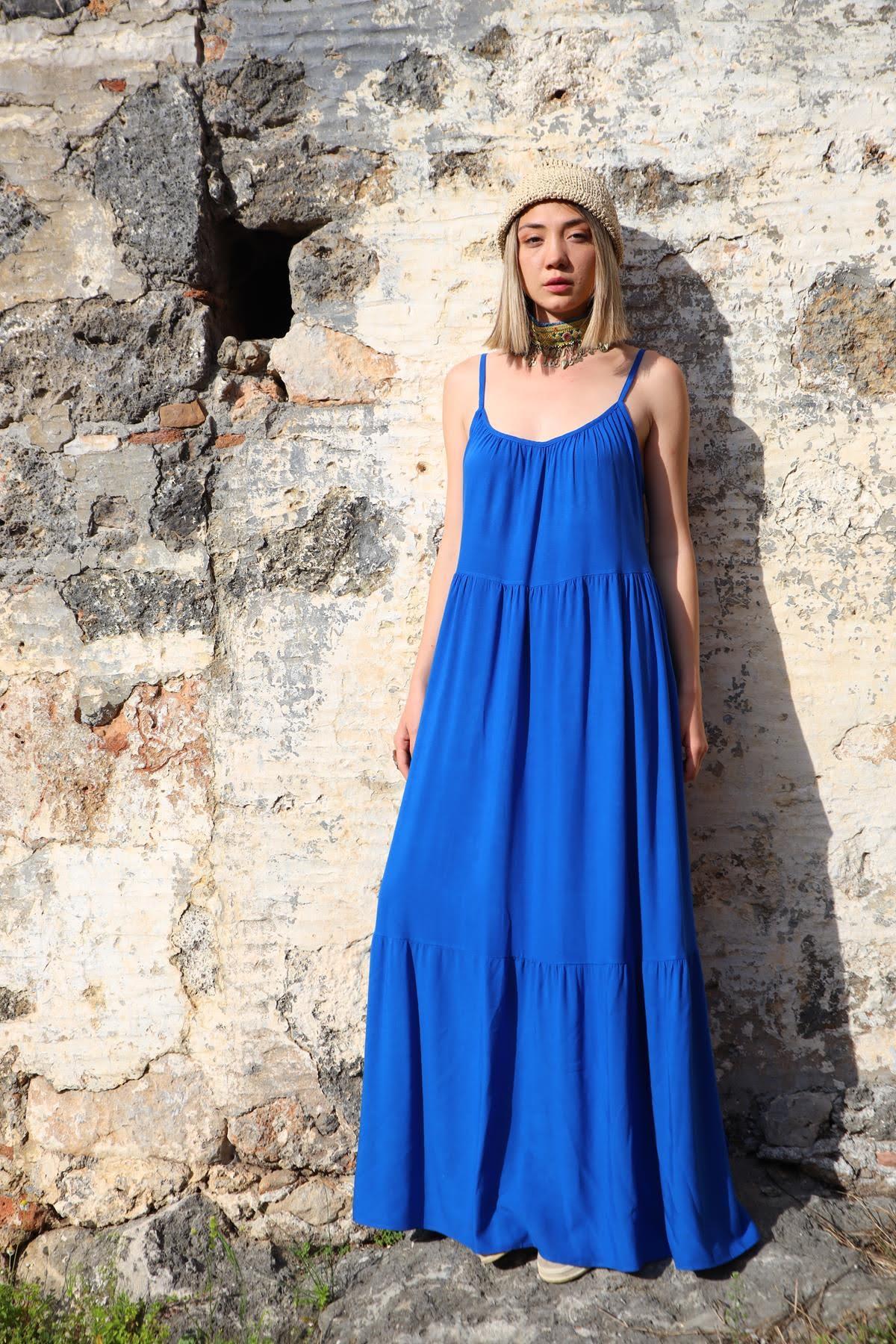 Saks Mavisi Ayarlanabilir Askılı Maxi Elbise - Şaman Butik Saks Mavisi Ayarlanabilir Askılı Maxi Elbise