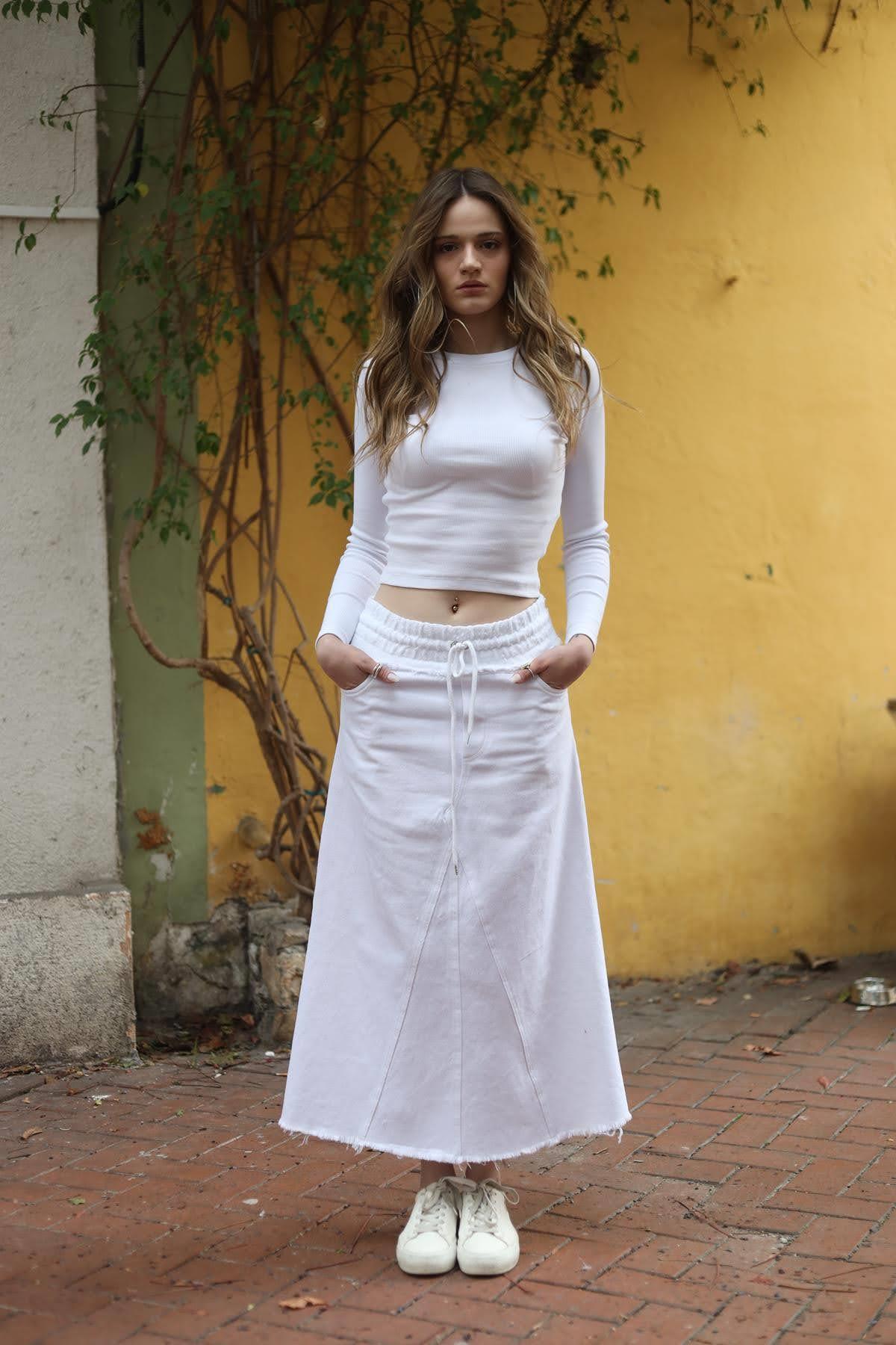 Ecru Elastic Waist Fringed Denim Skirt