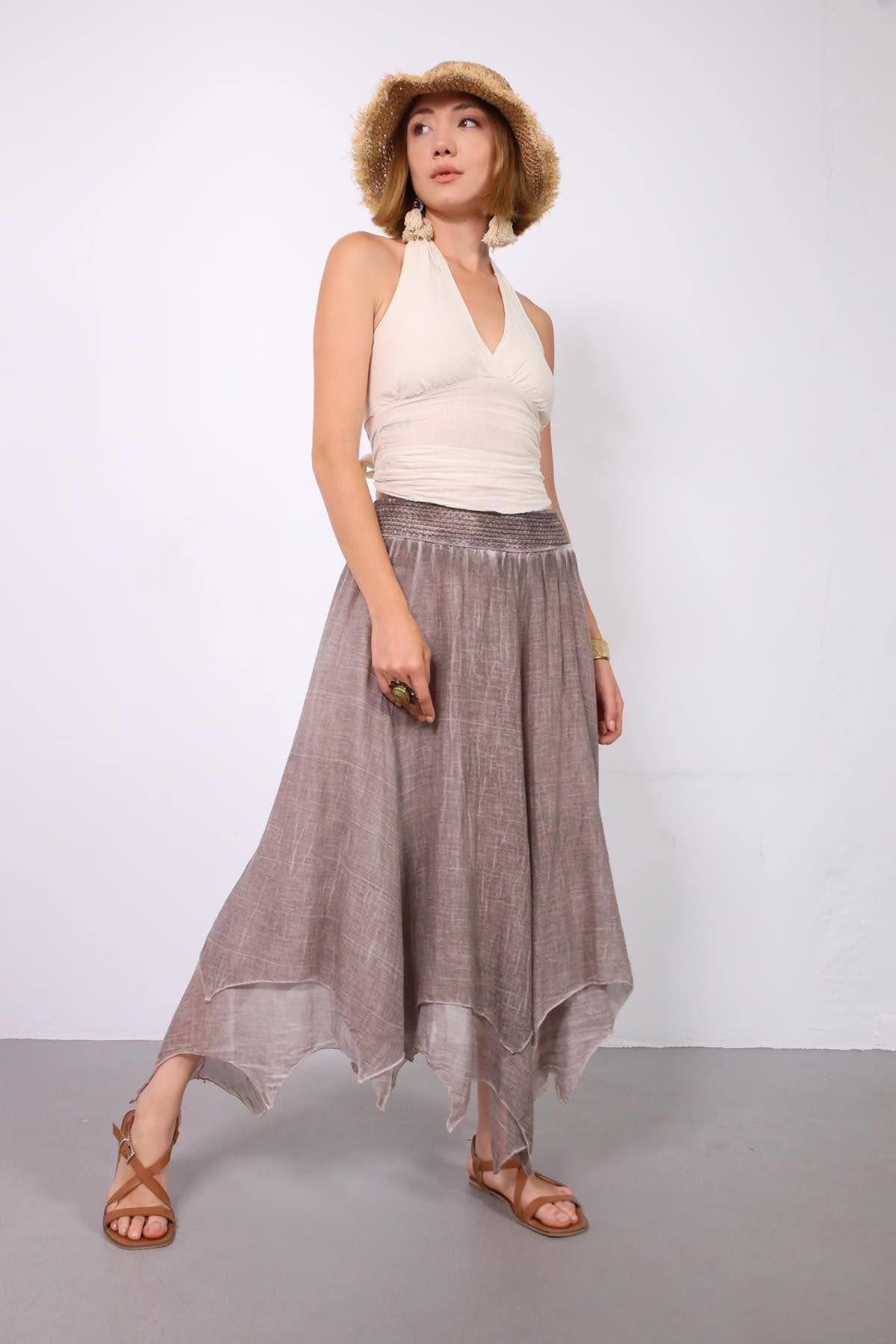 Vizon Rengi Beli Gipeli Asimetrik Kesim Etek - Şaman Butik Vizon Rengi Beli Gipeli Asimetrik Kesim Etek