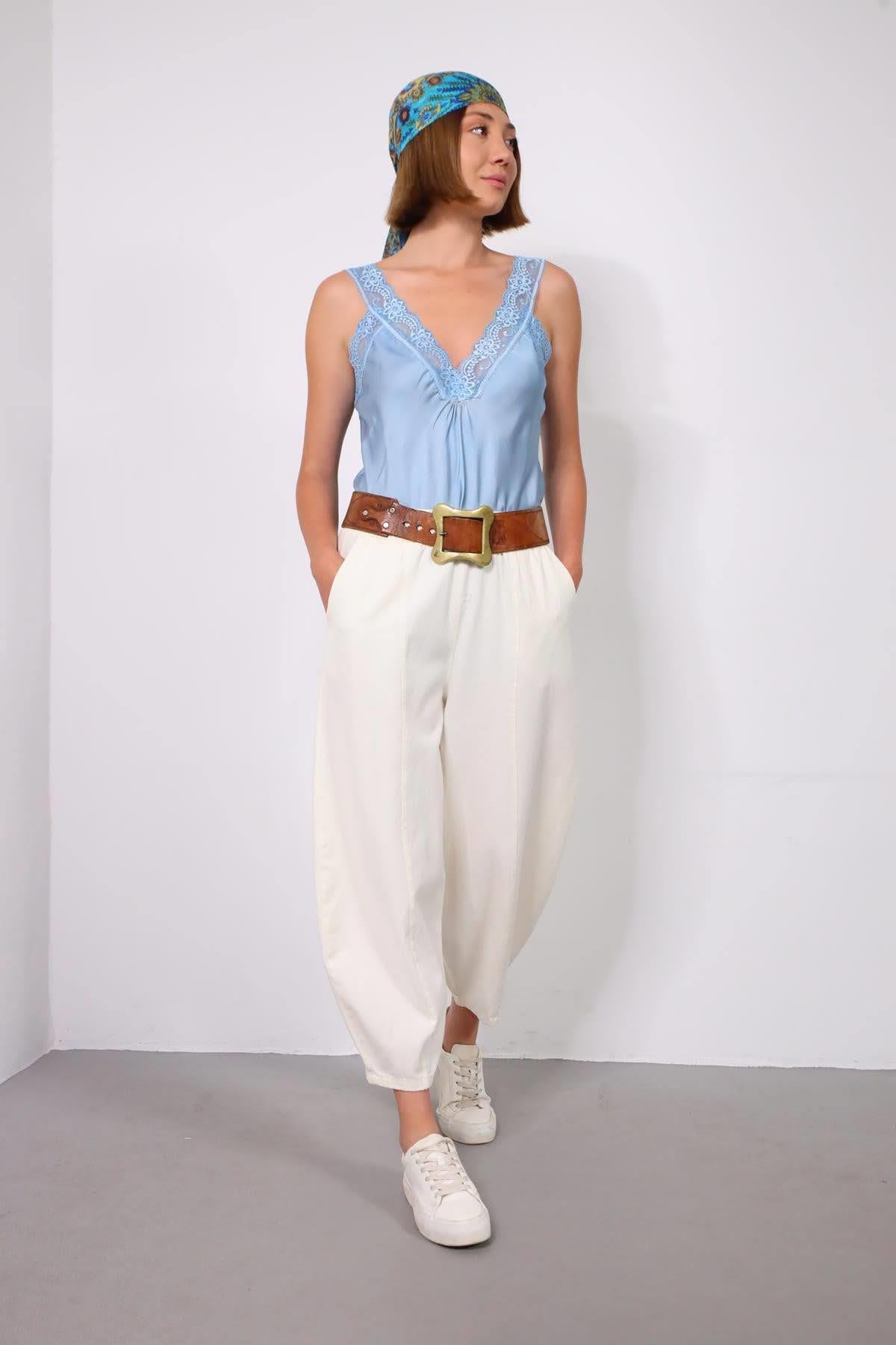 Ekru Dikiş Detaylı Salaş Pantolon - Şaman Butik Ekru Dikiş Detaylı Salaş Pantolon