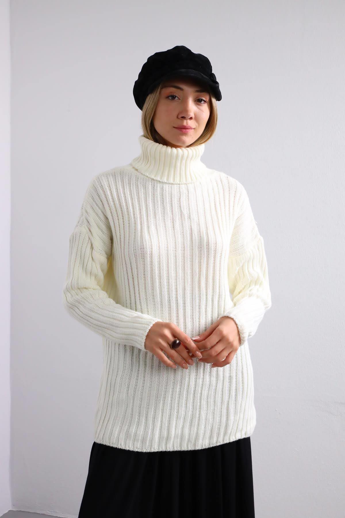 Ekru Saç Örgü Boğazlı Kazak - Şaman Butik Ekru Saç Örgü Boğazlı Kazak