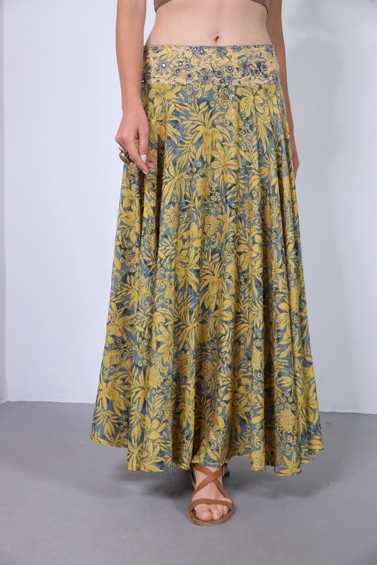 Gold Rengi Beli İşlemeli Uzun İpek Etek - Şaman Butik Gold Rengi Beli İşlemeli Uzun İpek Etek