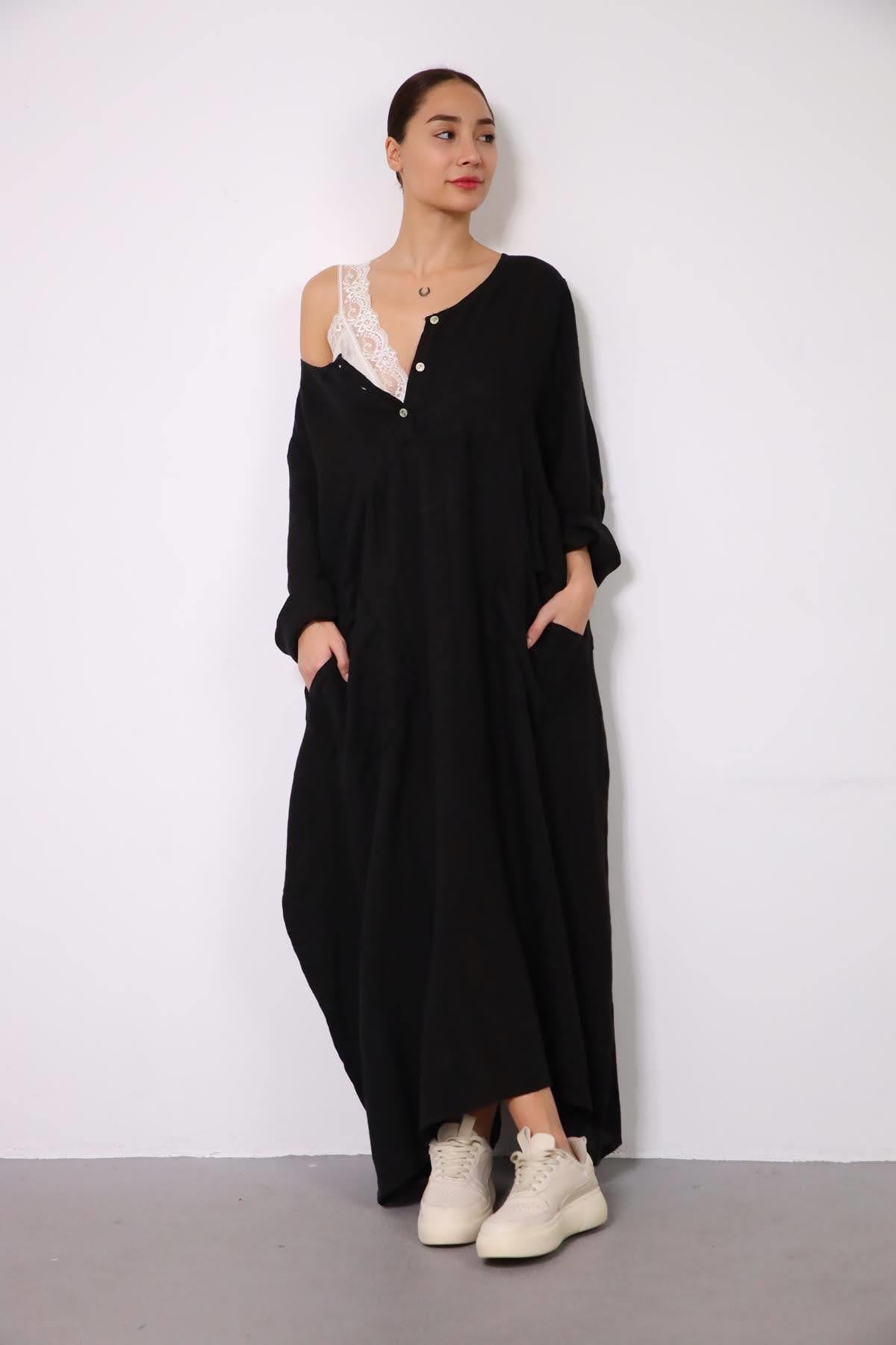 Siyah Geniş Cepli Elbise - Şaman Butik - Bohem Giyim ve Aksesuar | Kadın & Erkek Siyah Geniş Cepli Elbise