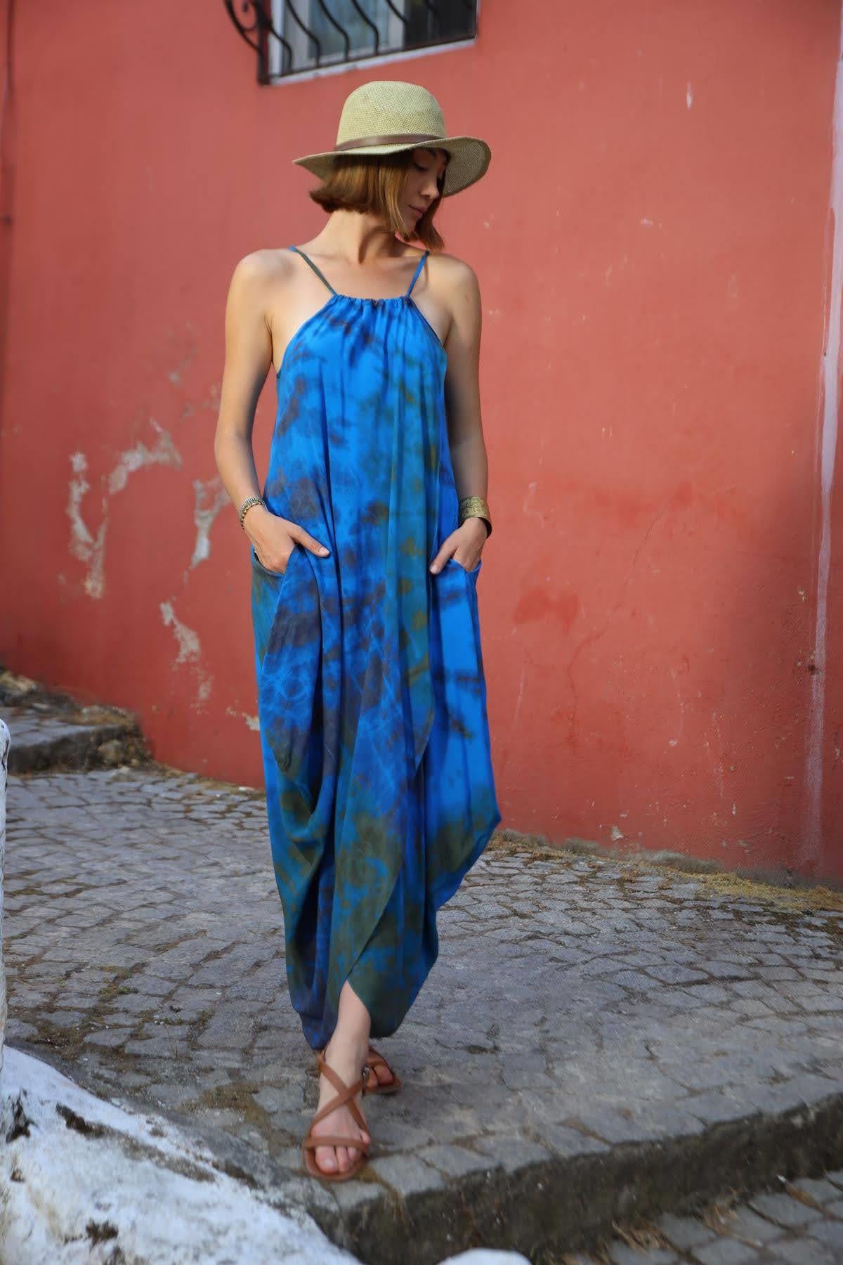 Saks Mavisi Batikli Yırtmaçlı Elbise - Şaman Butik Saks Mavisi Batikli Yırtmaçlı Elbise