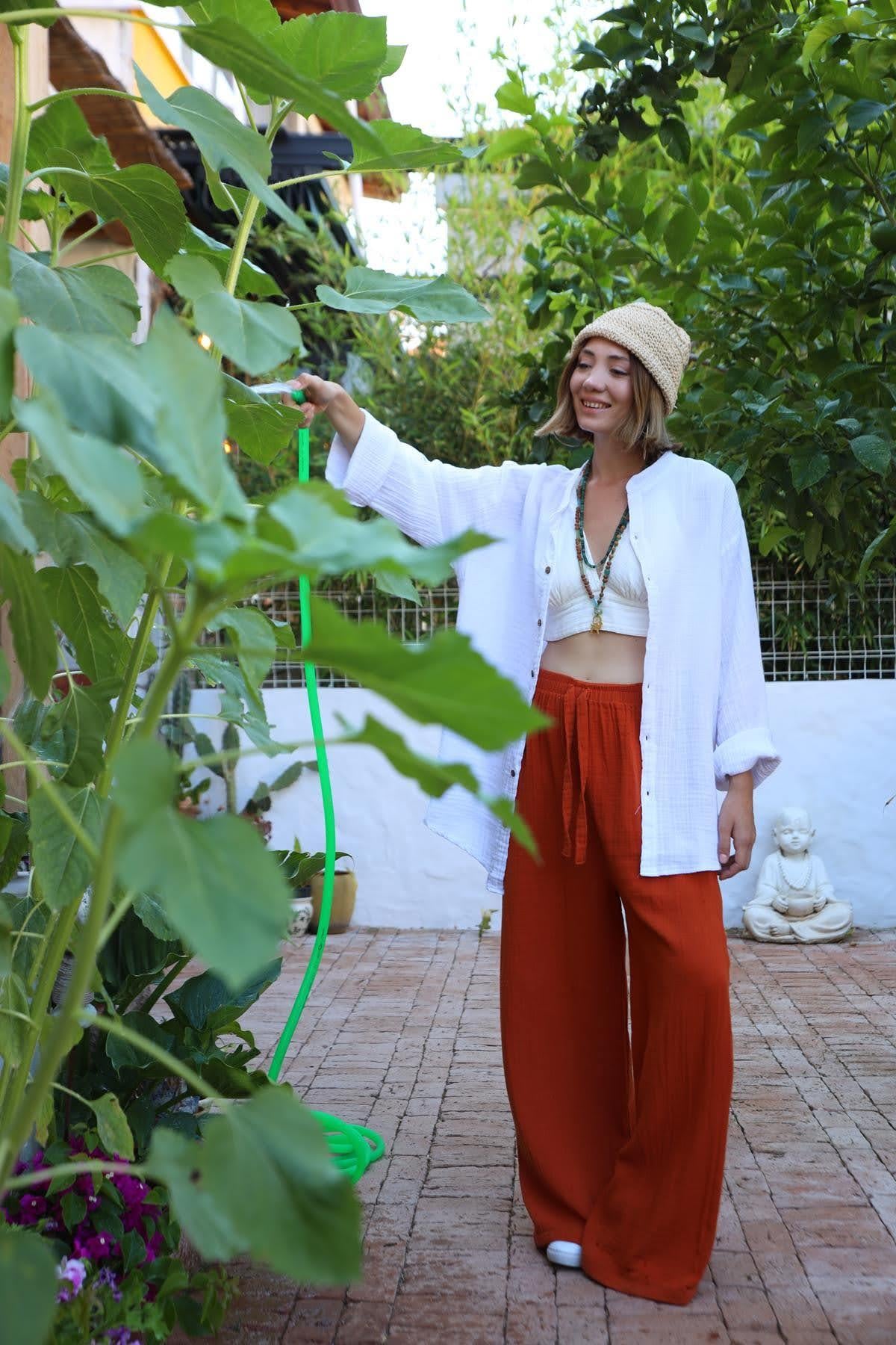 Kiremit Rengi Beli Lastikli İp Detaylı Müslin Pantolon - Şaman Butik Kiremit Rengi Beli Lastikli İp Detaylı Müslin Pantolon