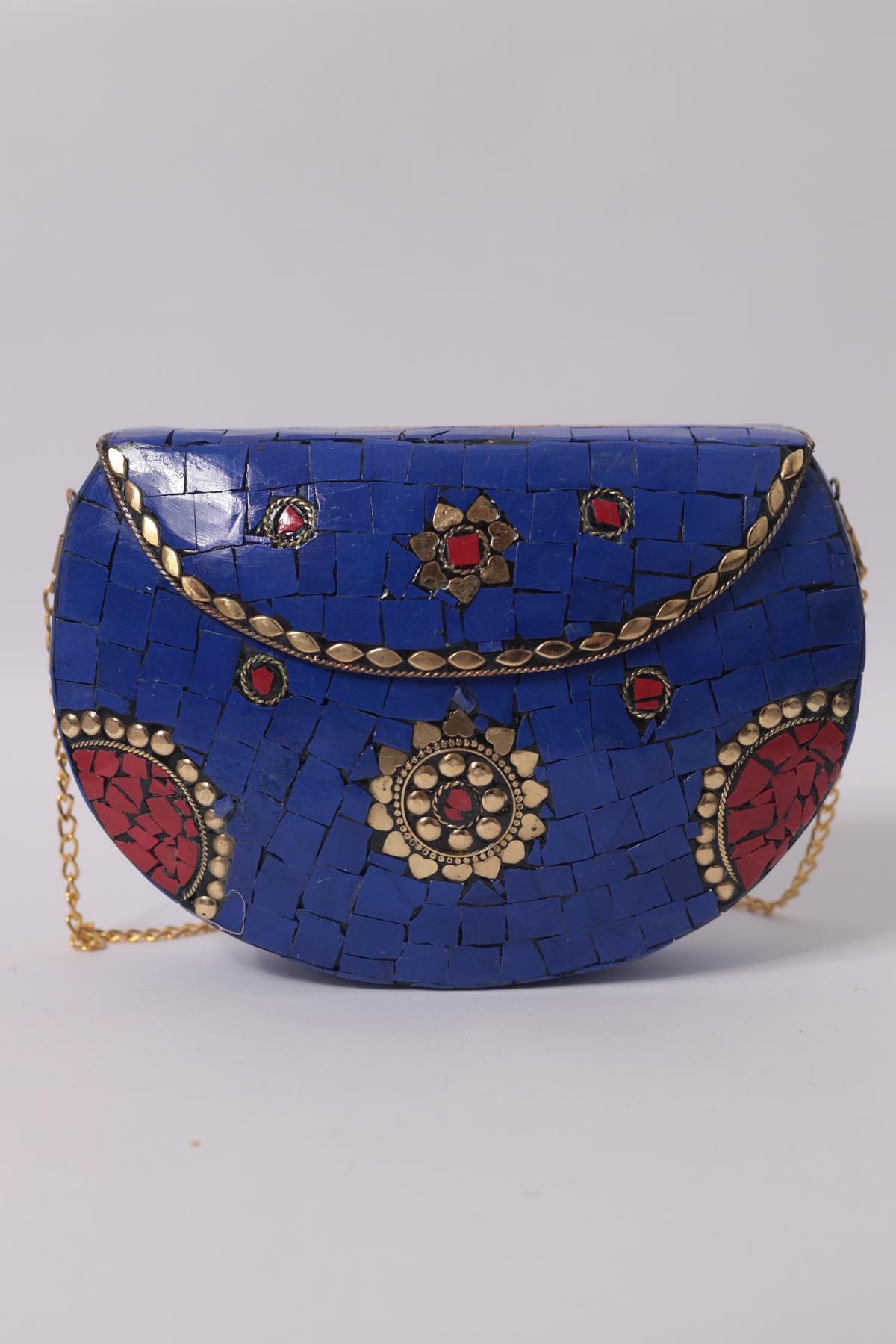 Saks Mavisi Taşlı Özel Tasarım Çanta