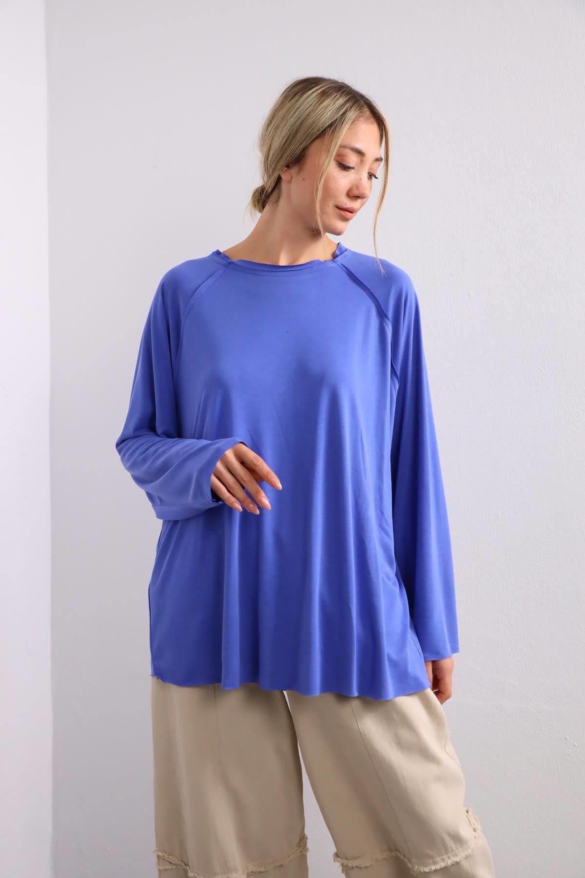 Mavi Dikişli Salaş Bluz - Şaman Butik Mavi Dikişli Salaş Bluz