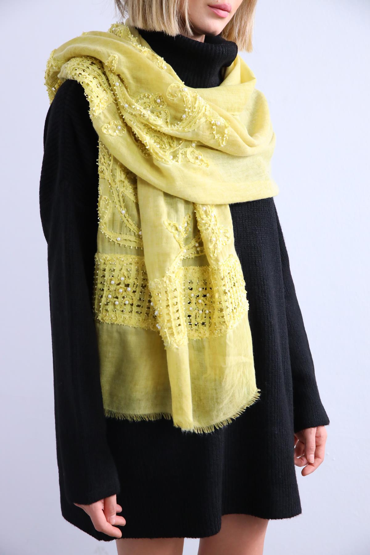 Sarı File Detay İnci İşlemeli Şal - Şaman Butik Sarı File Detay İnci İşlemeli Şal