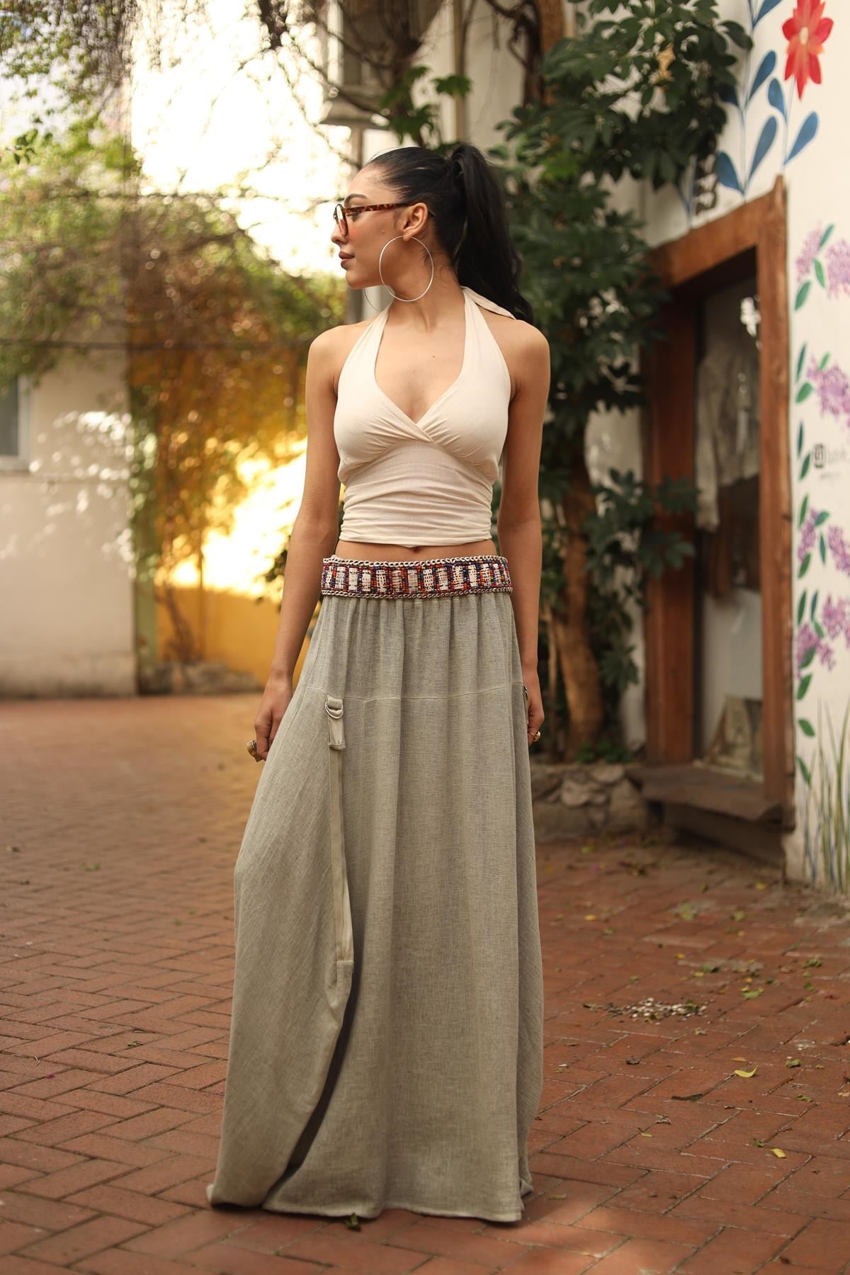 Haki Ayarlanabilir Askılı Soft Keten Etek