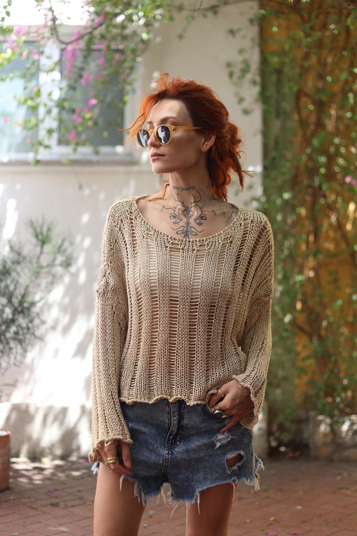 Gold Rengi Simli File Merserize Bluz