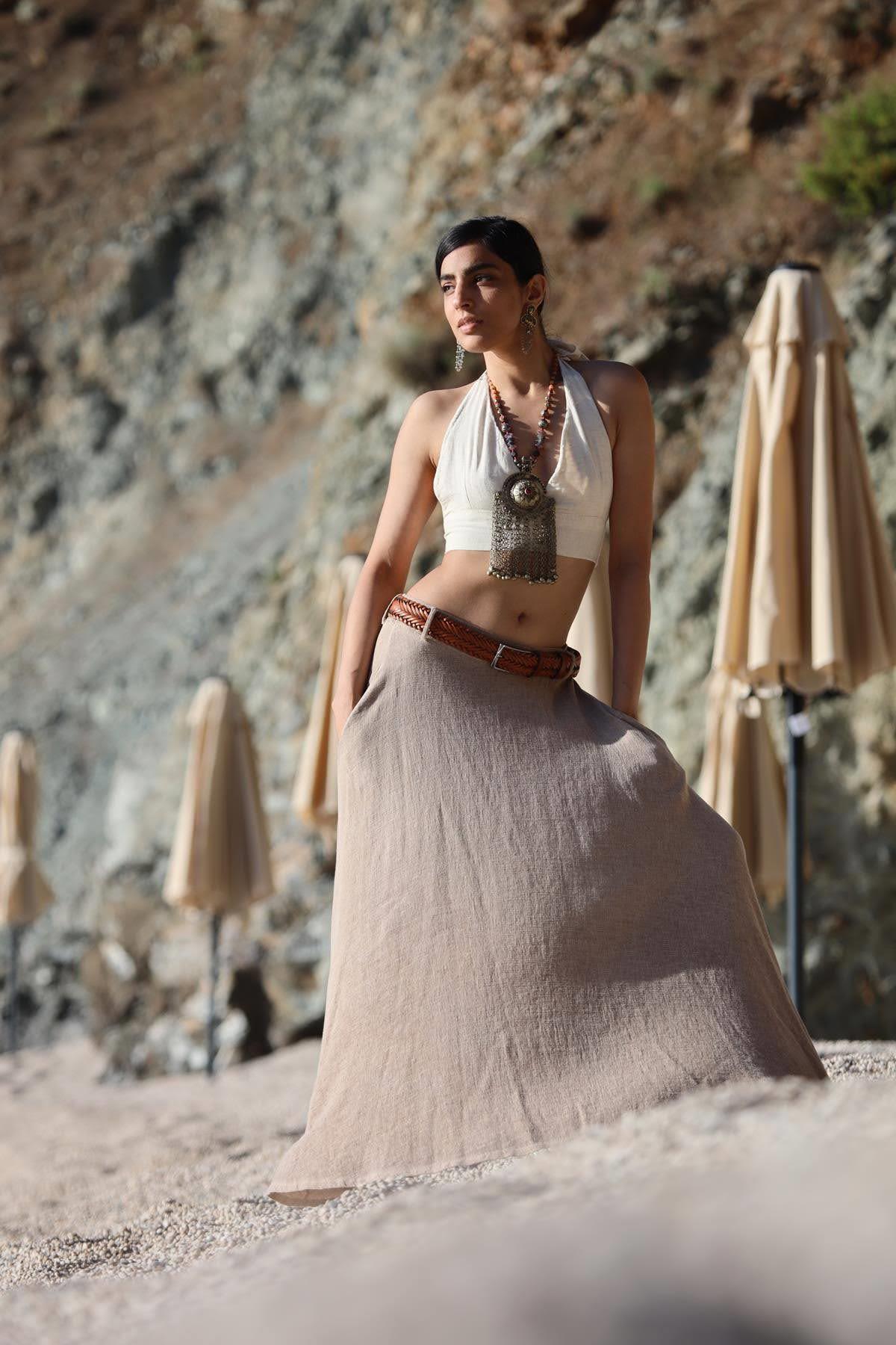 Camel Rengi Beli Lastikli Cepli Keten Etek