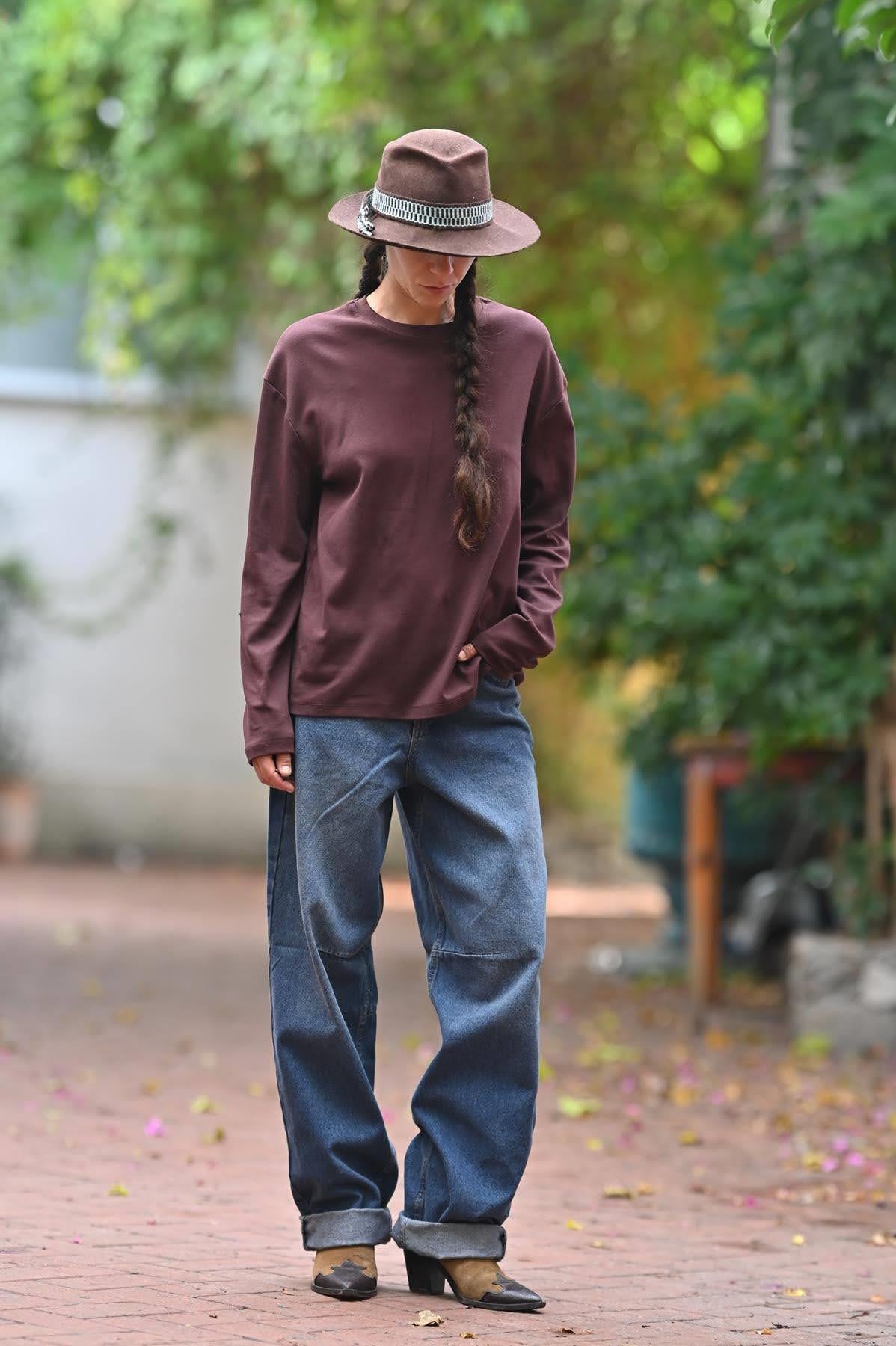 Kahverengi Uzun Kollu Basic Bluz