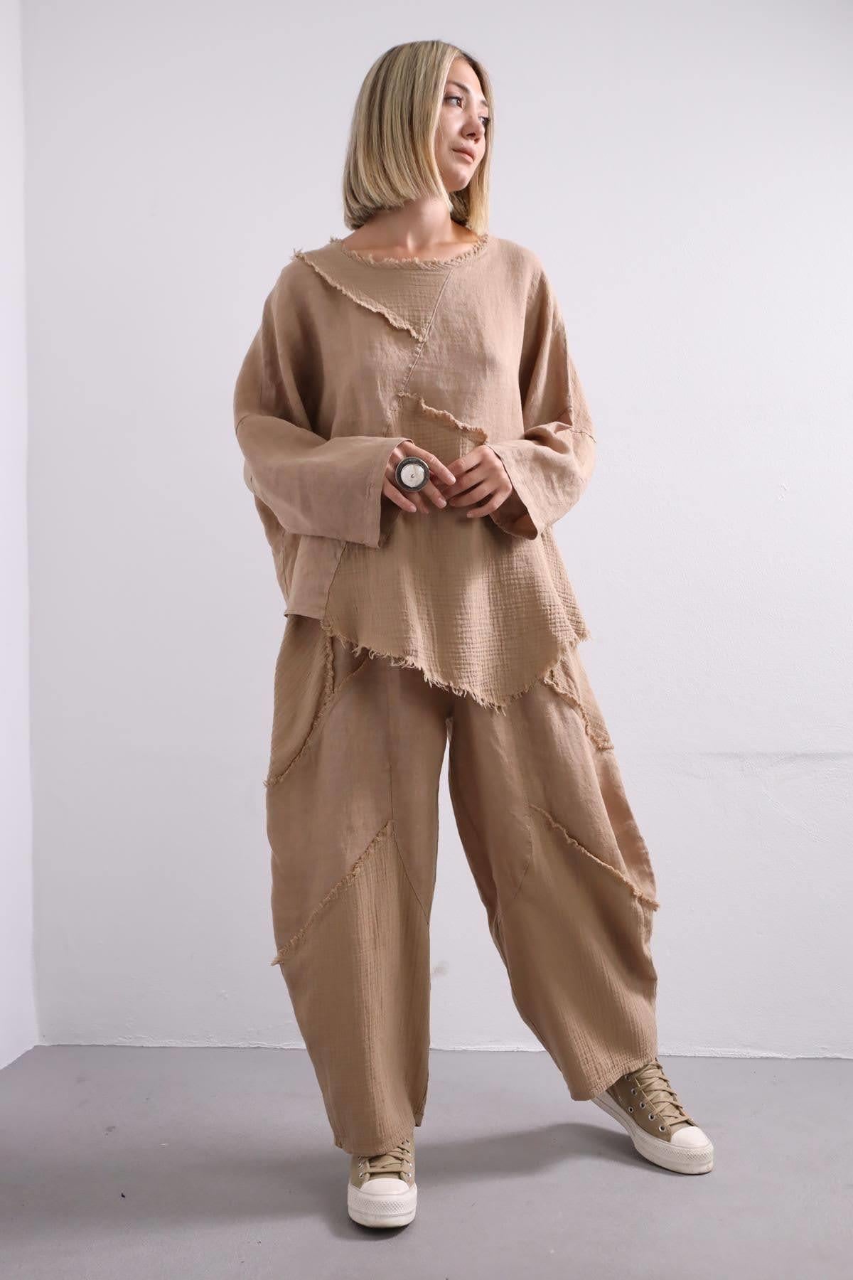 Camel Müslin Parçalı Keten Takım - Şaman Butik Camel Müslin Parçalı Keten Takım
