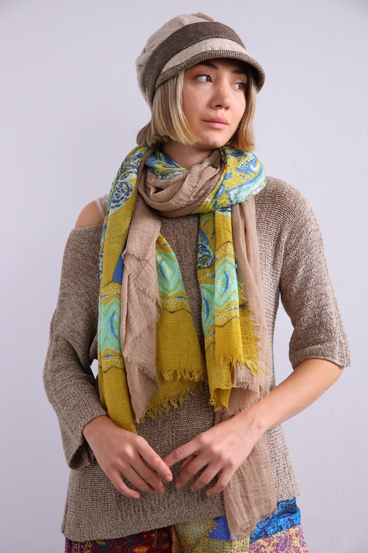 Hardal Rengi Desenli Saçaklı Şal - Şaman Butik Hardal Rengi Desenli Saçaklı Şal