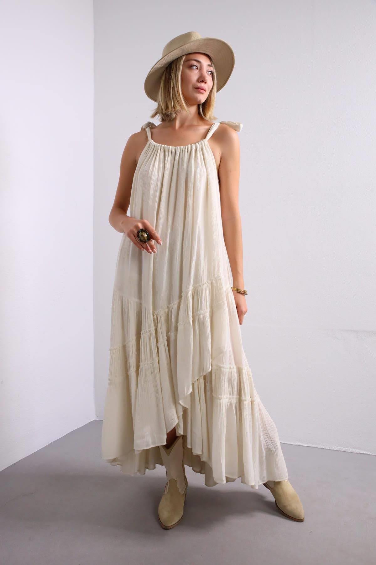 Bej Kat Kat Uzun Elbise - Şaman Butik Bej Kat Kat Uzun Elbise