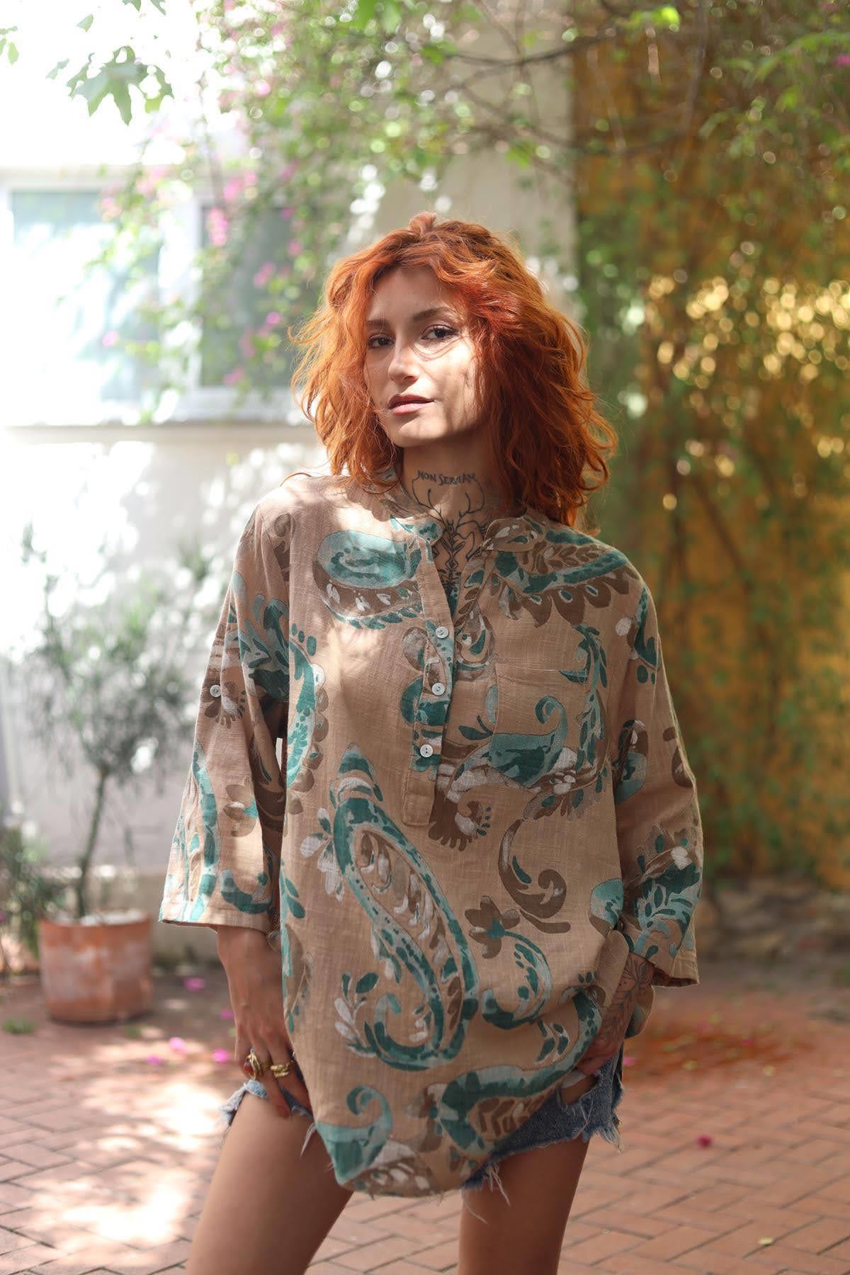 Light Brown Patterned Three Button Shirt