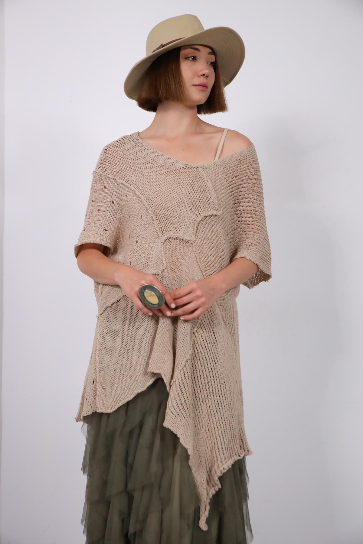 Vizon Rengi Triko Patchwork Tunik - Şaman Butik Vizon Rengi Triko Patchwork Tunik