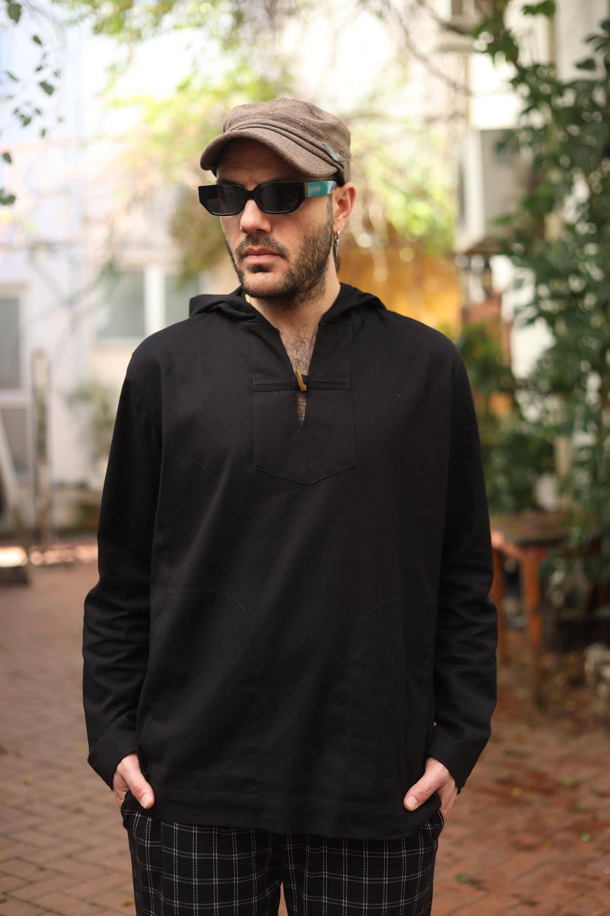 Black Hooded Long Sleeve Men's Shirt