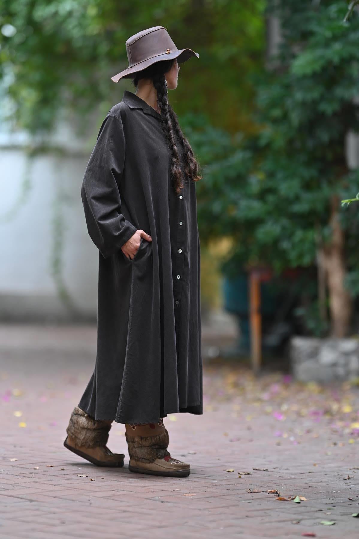 Kahverengi Kadife Salaş Gömlek Elbise