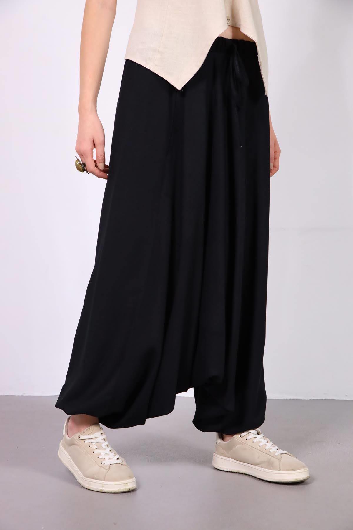  Siyah Beli Lastikli Etnik Şalvar