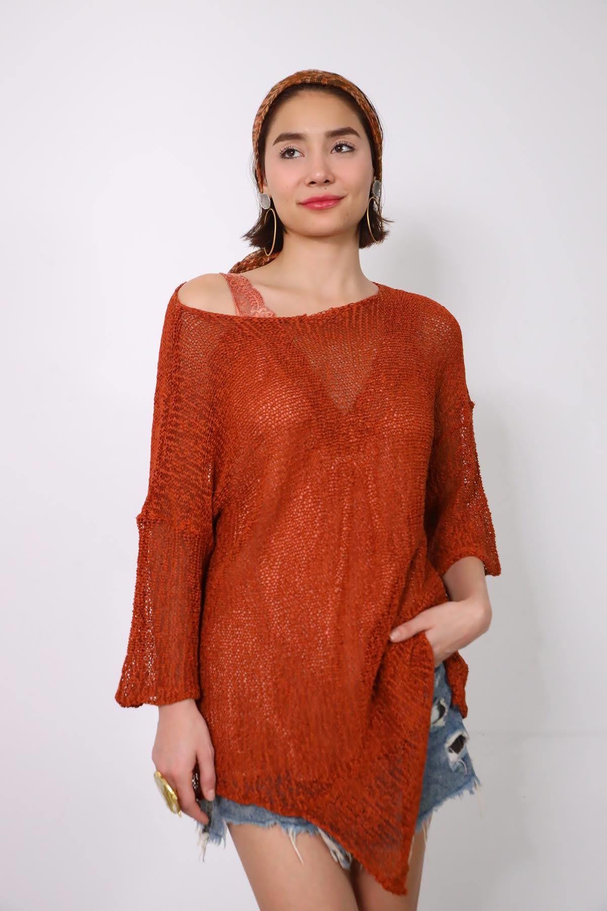  Kiremit Rengi Altı Parçalı Merserize Bluz