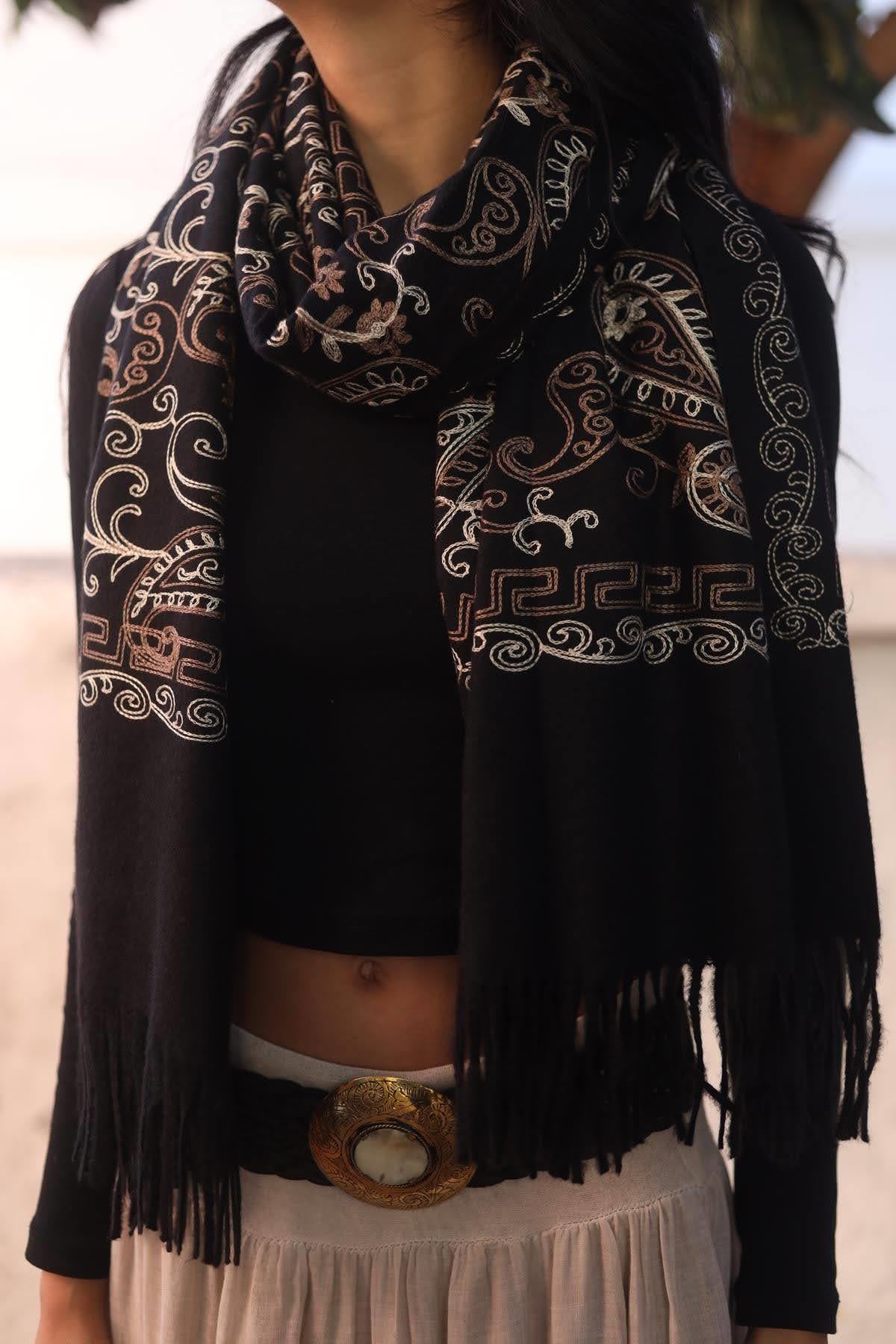 Black Embroidered Cashmere Shawl