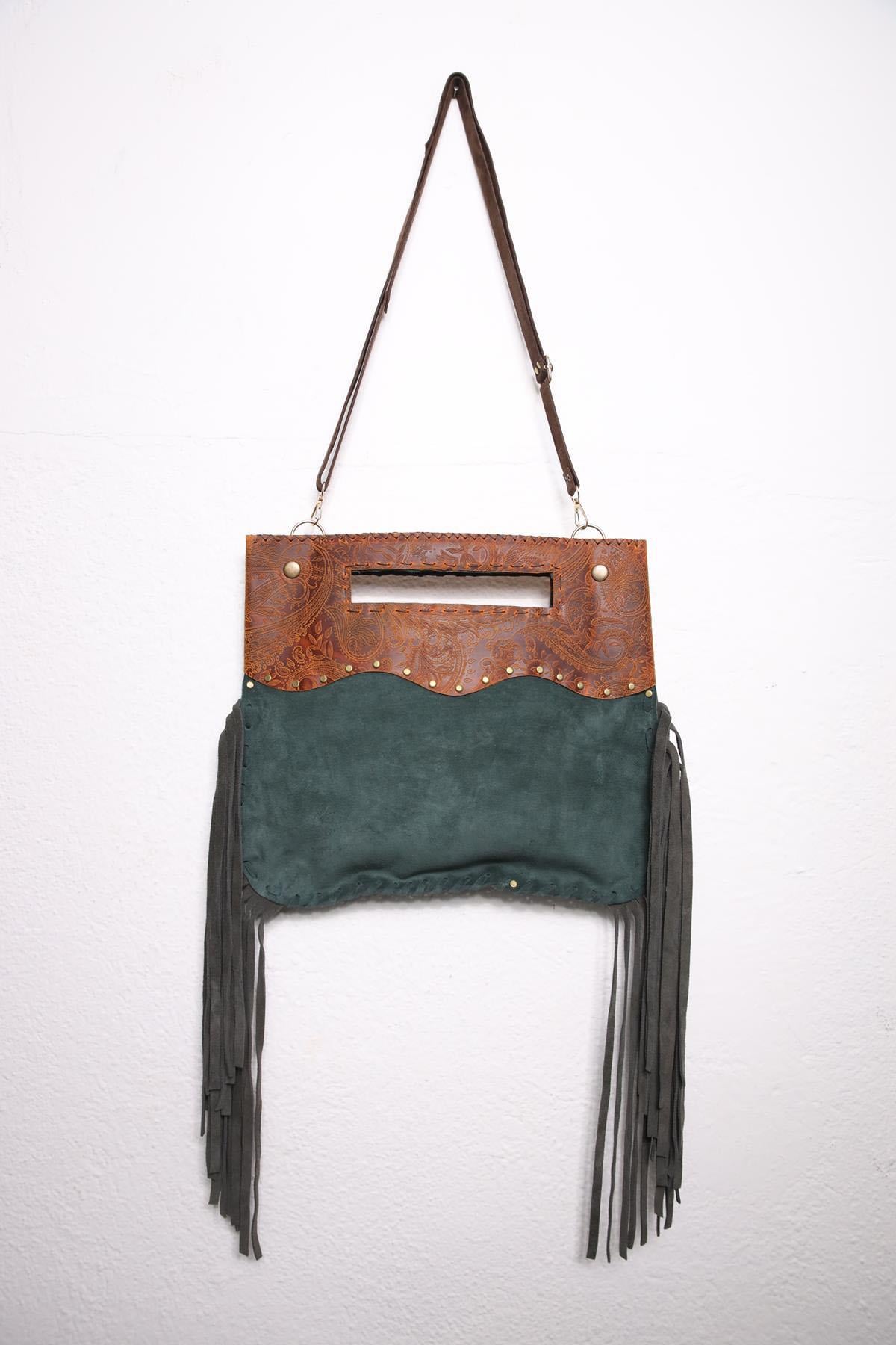 Petrol Blue Embossed Leather Detailed Suede Bag