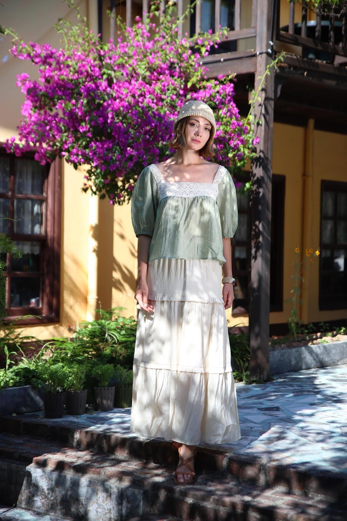 Krem Rengi Fırfırlı Kat Kat Etek - Şaman Butik Krem Rengi Fırfırlı Kat Kat Etek