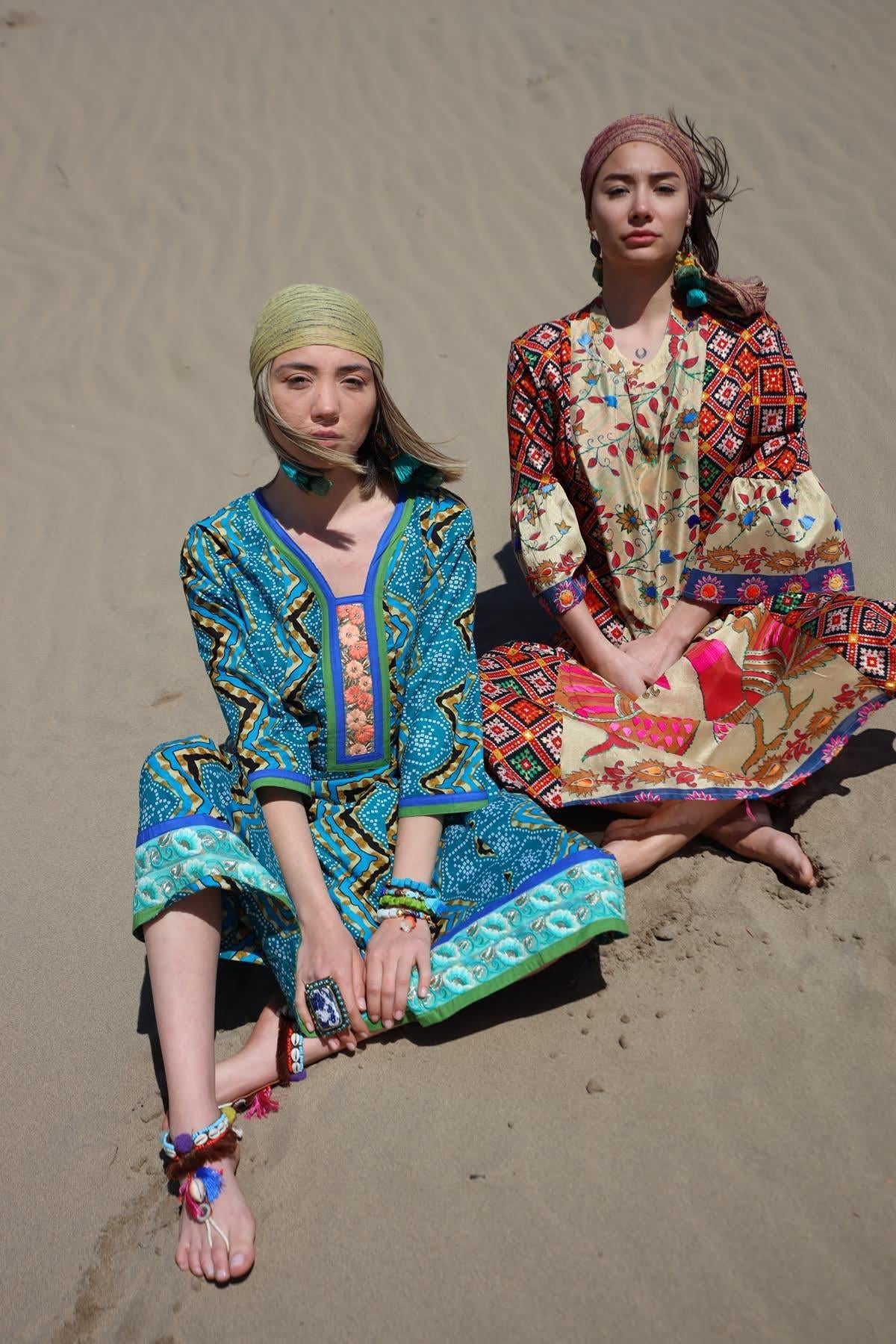 Kırmızı Etnik Desenli İşlemeli İspanyol Kol Elbise - Şaman Butik Kırmızı Etnik Desenli İşlemeli İspanyol Kol Elbise